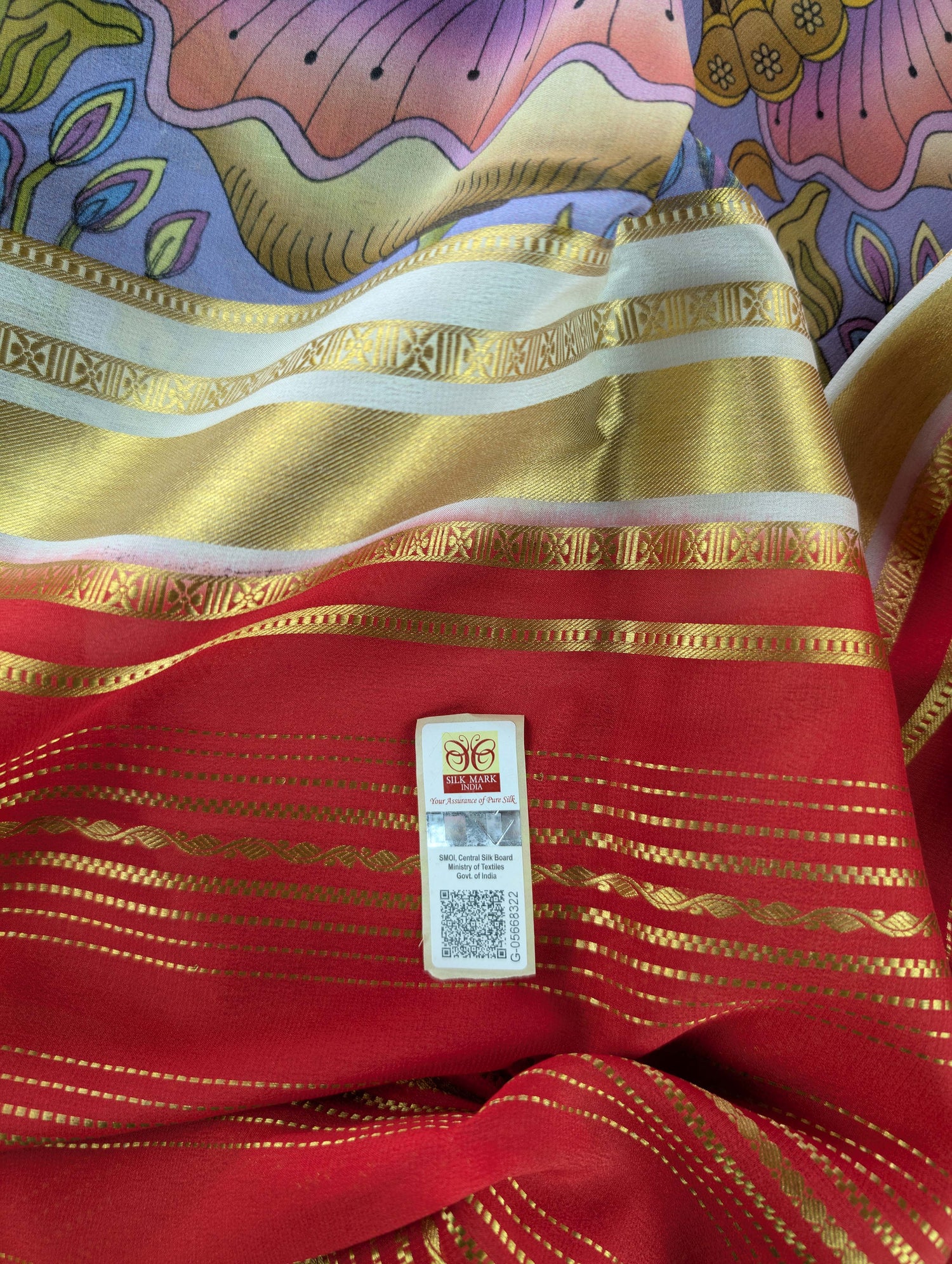 Pure Mysore Silk Crepe -  Red with Lavender Printed Base