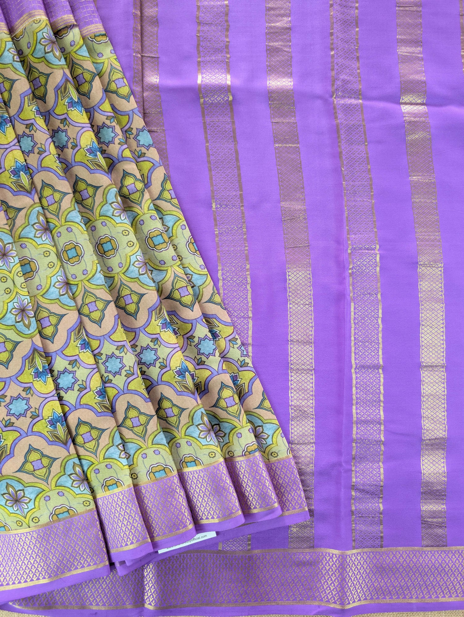 Pure Mysore Silk Crepe -  Lavender with Half &amp; Half Printed Border