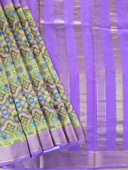 Pure Mysore Silk Crepe -  Lavender with Half &amp; Half Printed Border