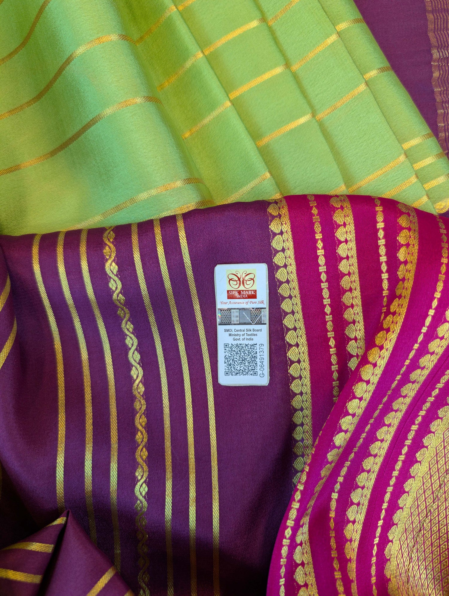 Pure Mysore Silk Crepe - Parrot Green with Chocolate Brown &amp; Pink