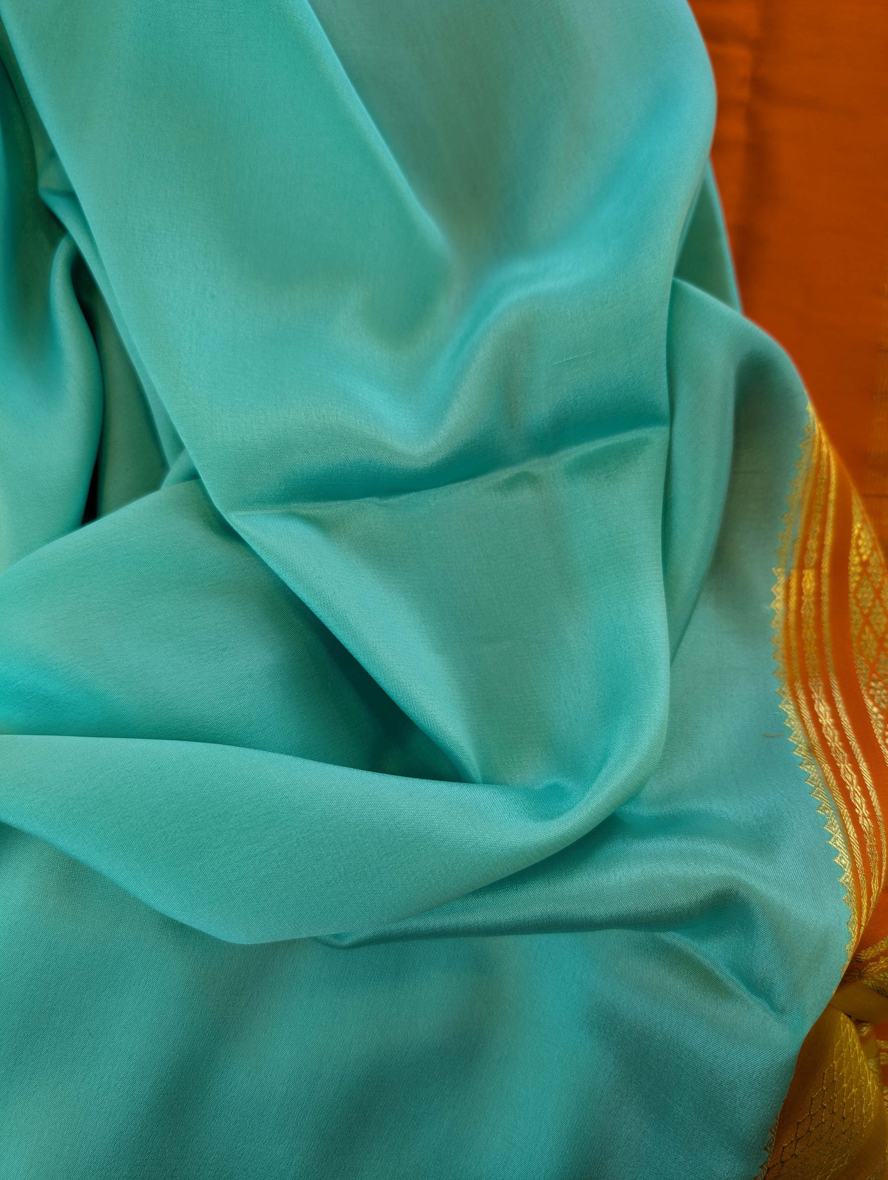 Pure Mysore Silk Crepe - Sea Blue with Orange