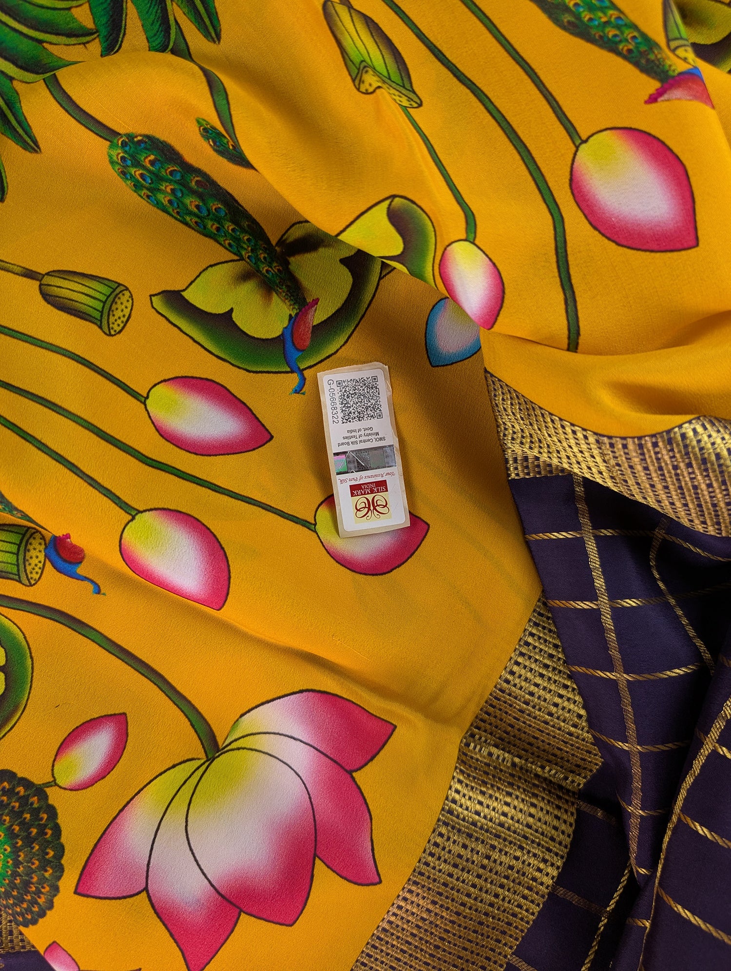 Pure Mysore Silk Crepe -  Purple with Yellow Printed Border