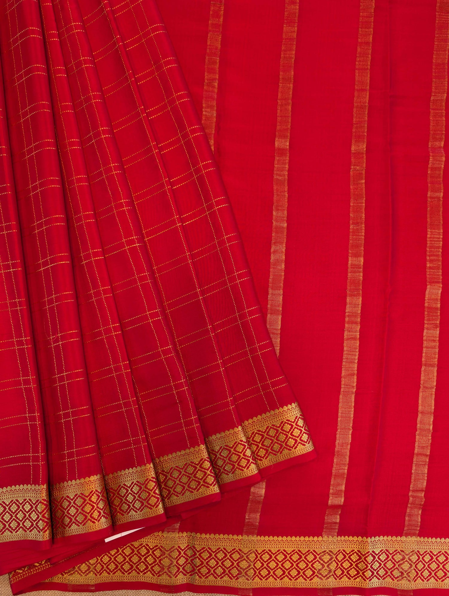 Pure Mysore Silk Crepe - Red with zari checks and border