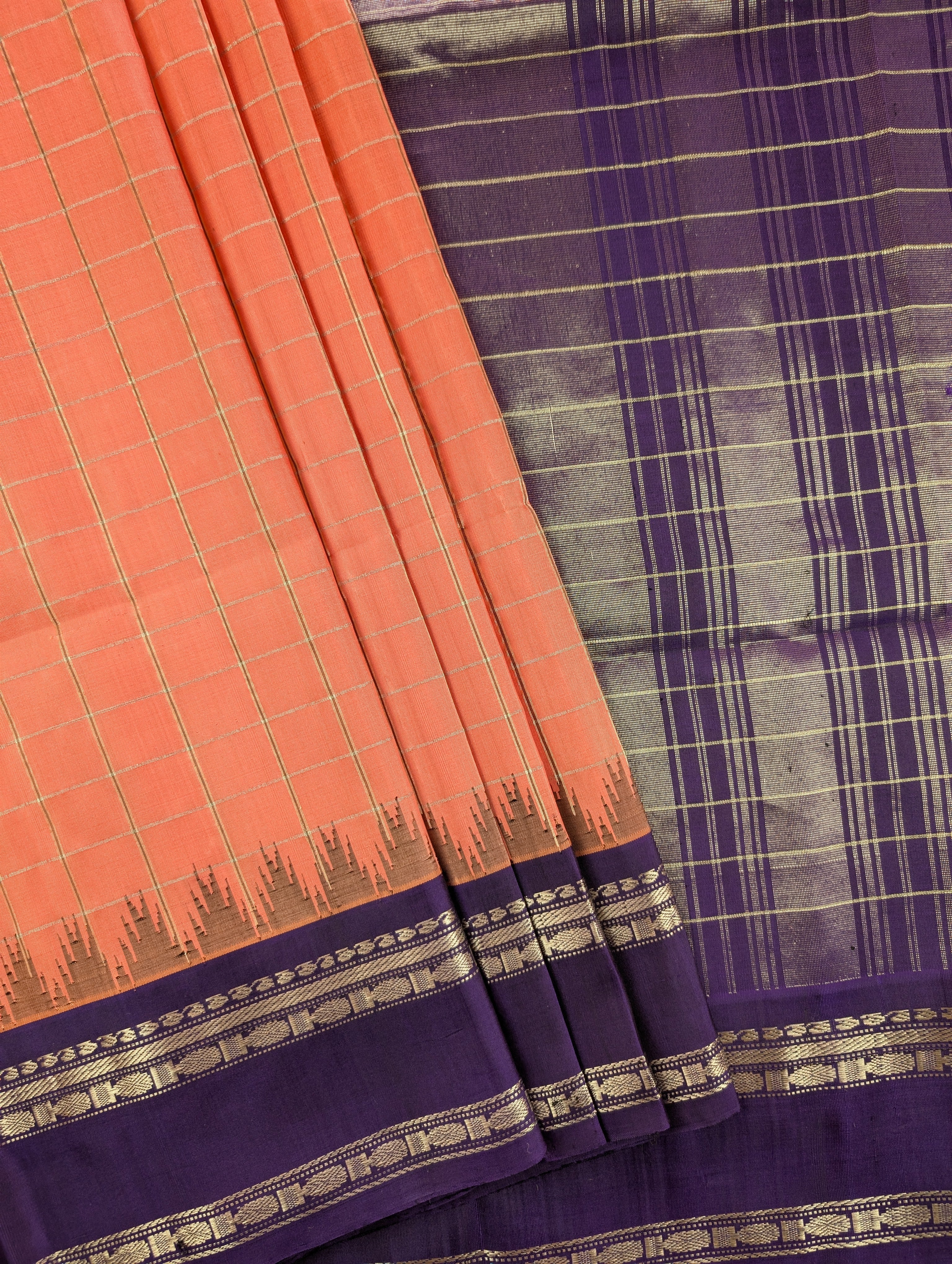 Pure Handloom Gadwal - Soft Peach with Purple