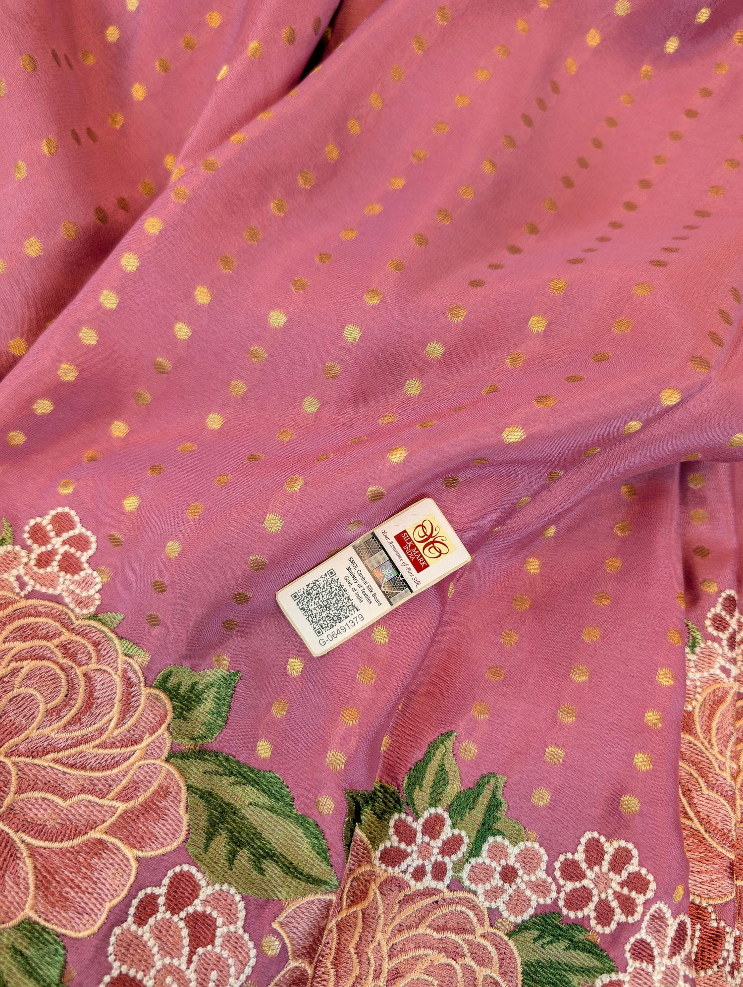 Pure Mysore Silk Crepe - Peach Hand Embroidery with Cut Work