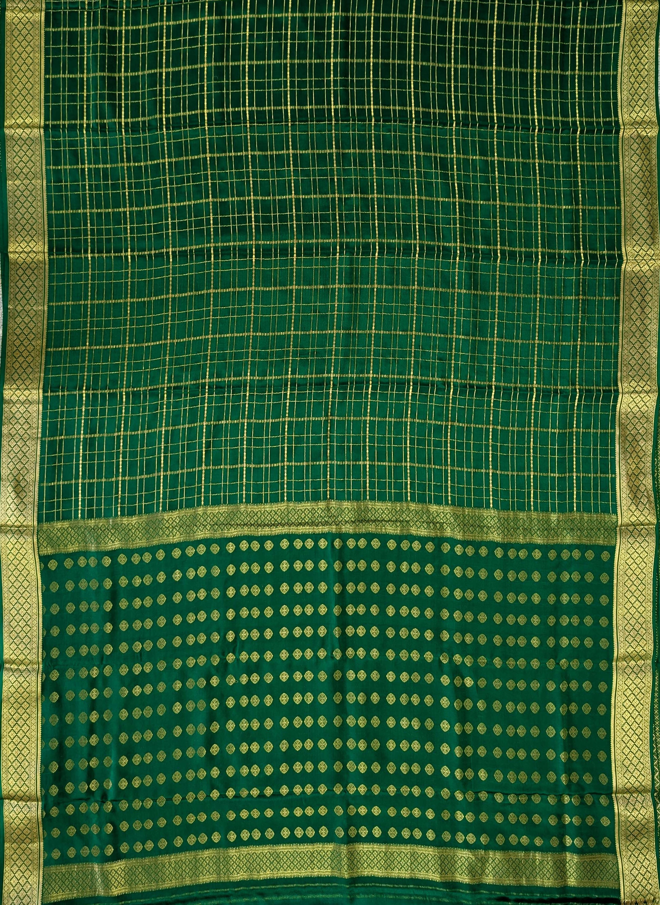 Pure Mysore Silk Crepe - Green with zari checks and border