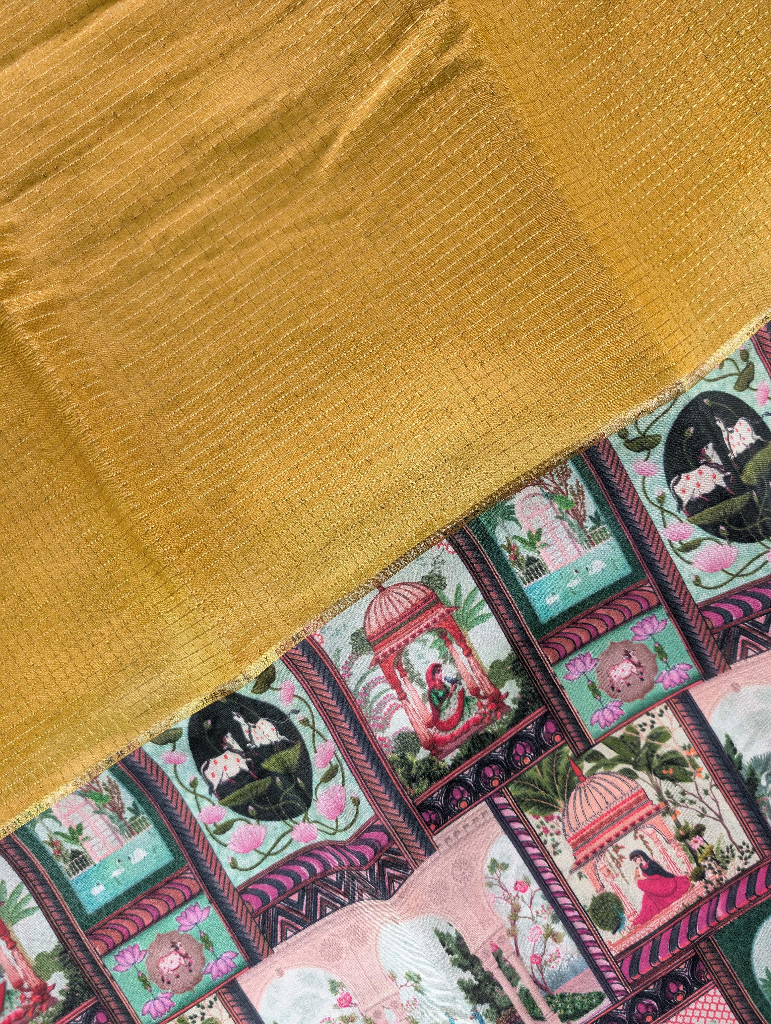 Pure Mysore Silk Crepe -  Persian Orange with Half &amp; Half Printed Border