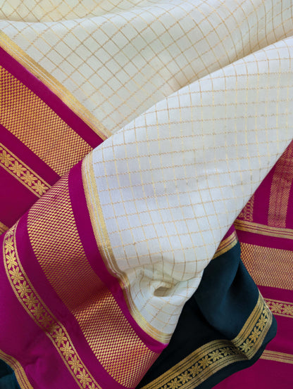 Pure Mysore Silk Crepe - White with Pink &amp; Green 3D Pattern