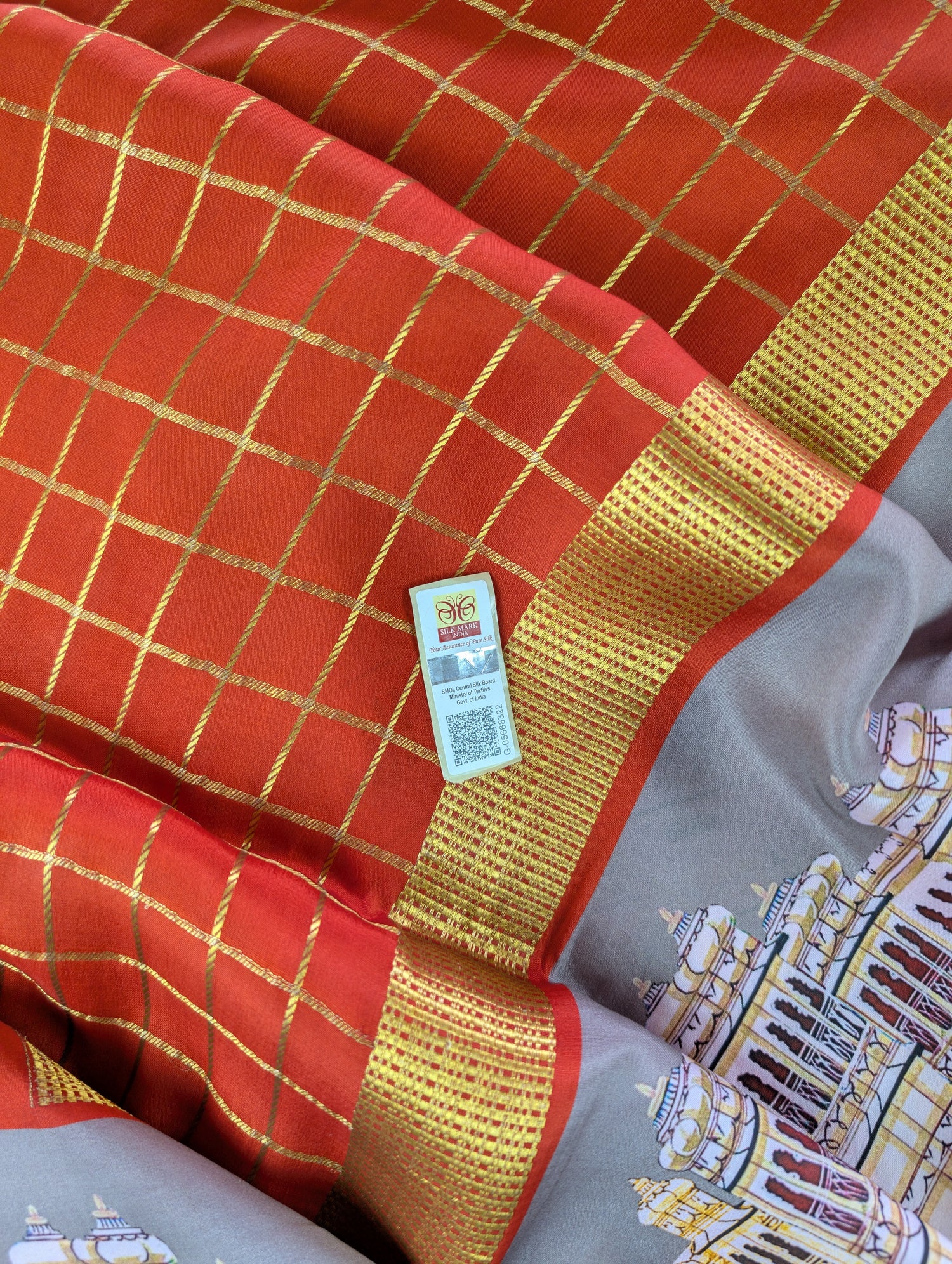 Pure Mysore Silk Crepe -  Orange with Printed Half Border