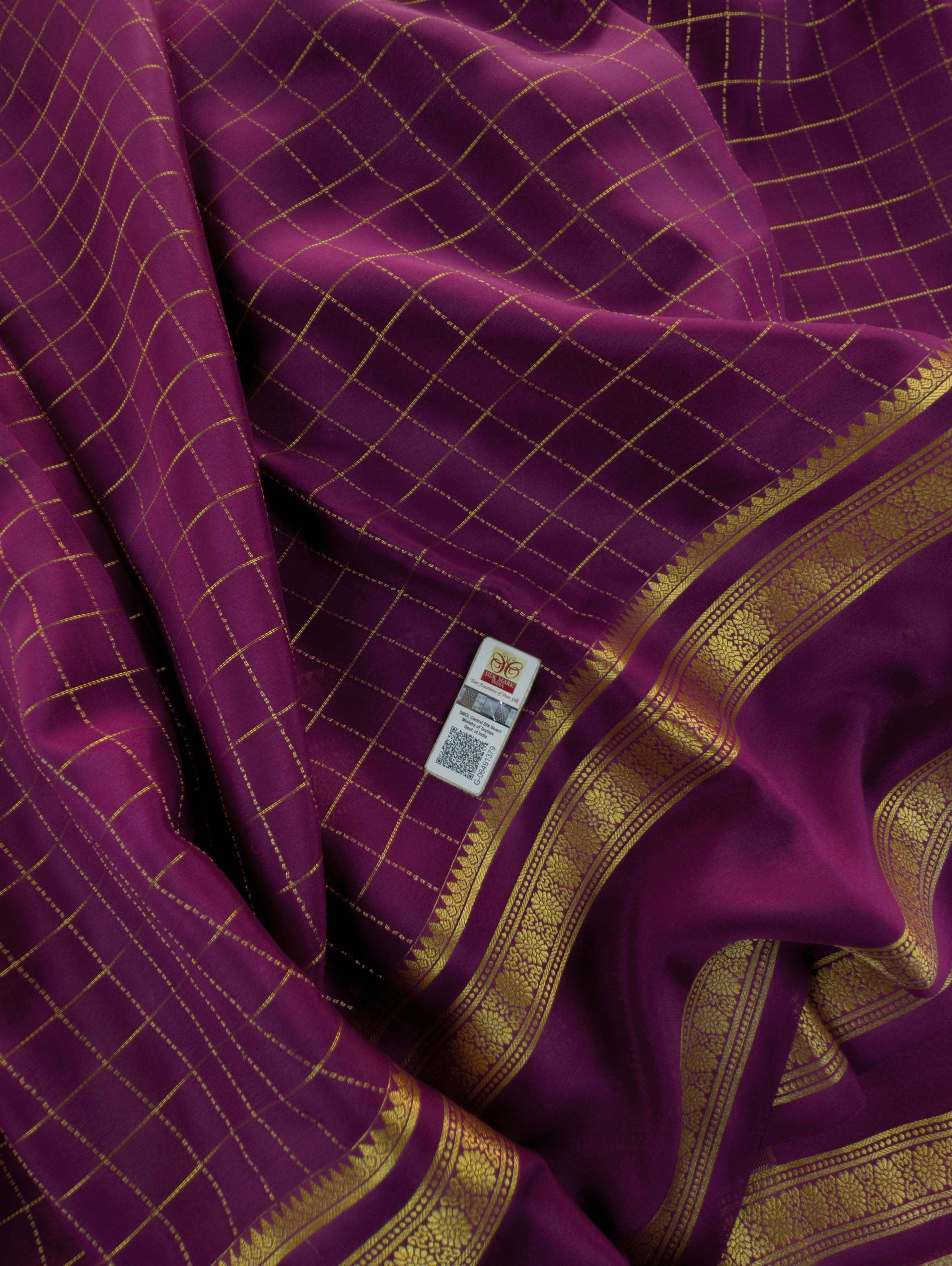 Pure Mysore Silk Crepe - Wine with zari checks and gap border