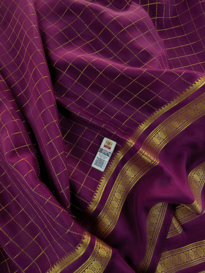 Pure Mysore Silk Crepe - Wine with zari checks and gap border