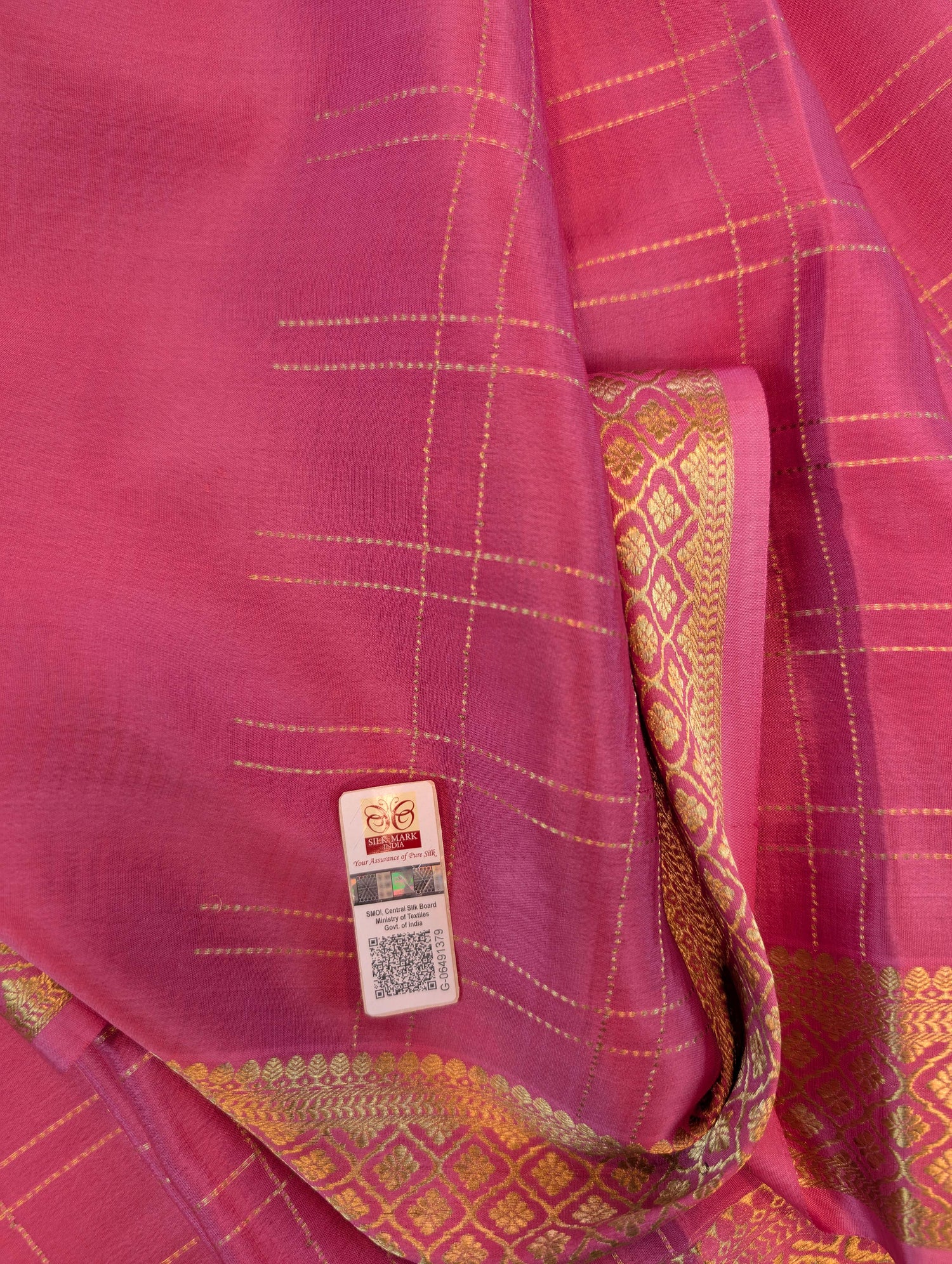 Pure Mysore Silk Crepe - Peach with zari checks and border