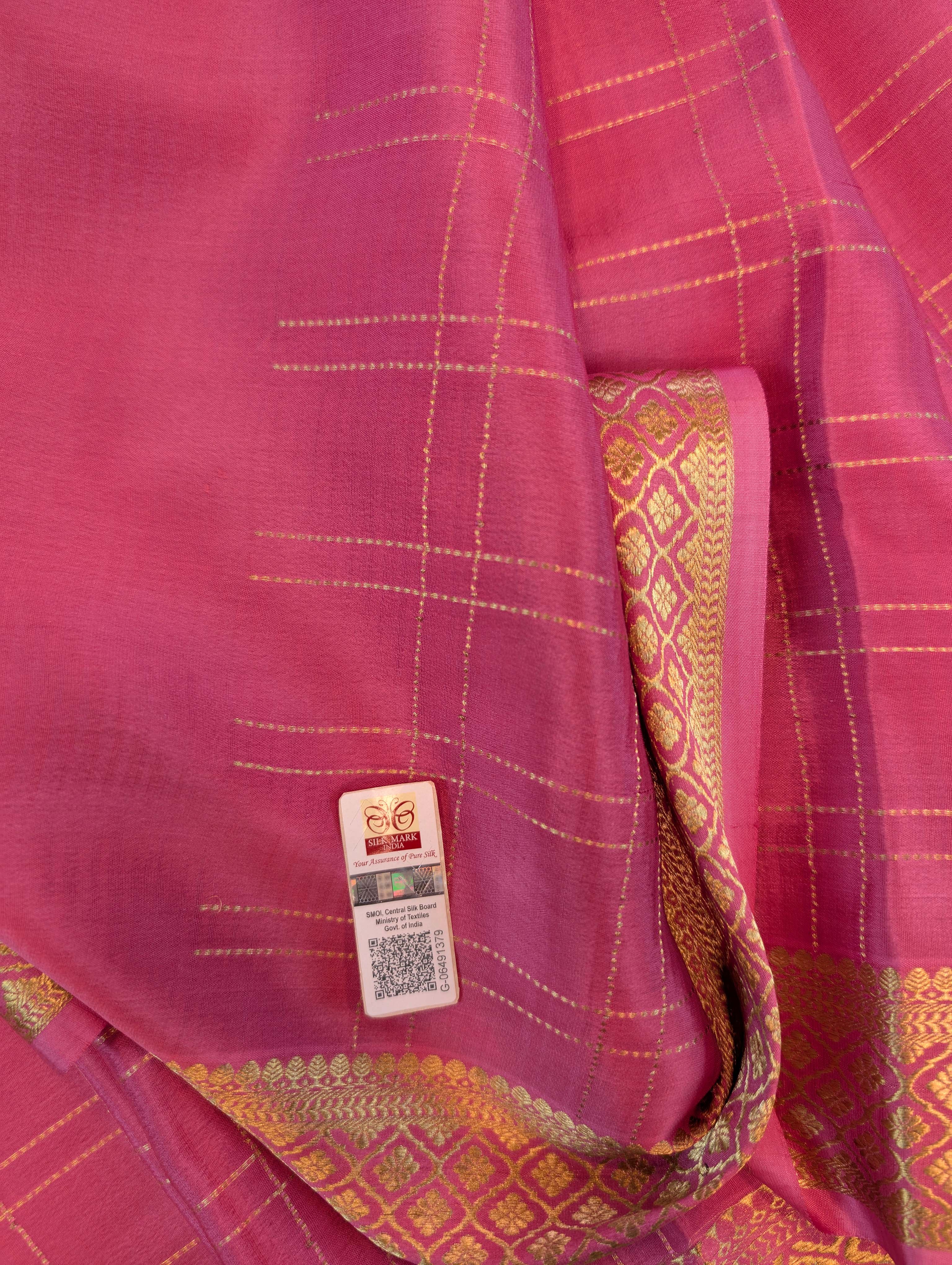 Pure Mysore Silk Crepe - Peach with zari checks and border