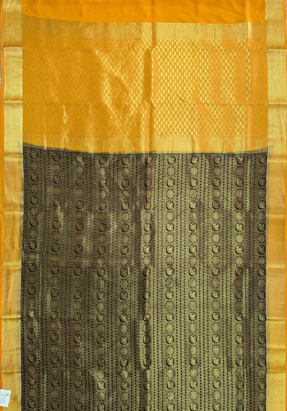 Pure Mysore Silk Crepe Brocade - Black &amp; Mustard