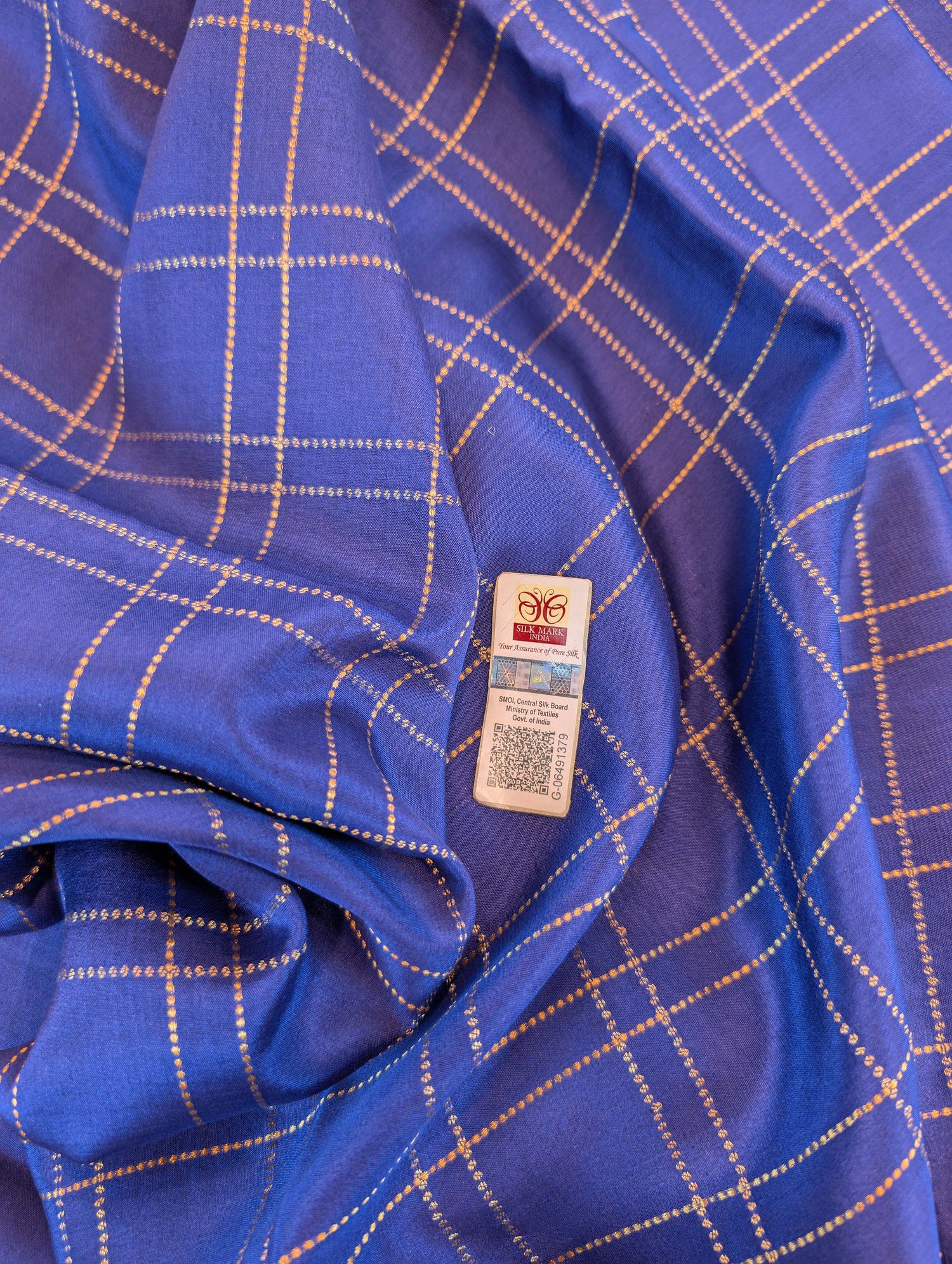 Pure Mysore Silk Crepe - Royal Blue with Zari checks and border