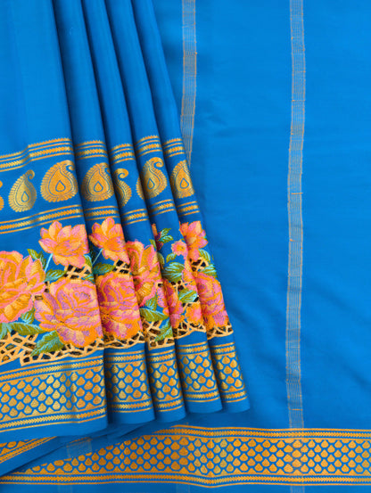 Pure Mysore Silk Crepe - Blue Floral Embroidery with Cut Work