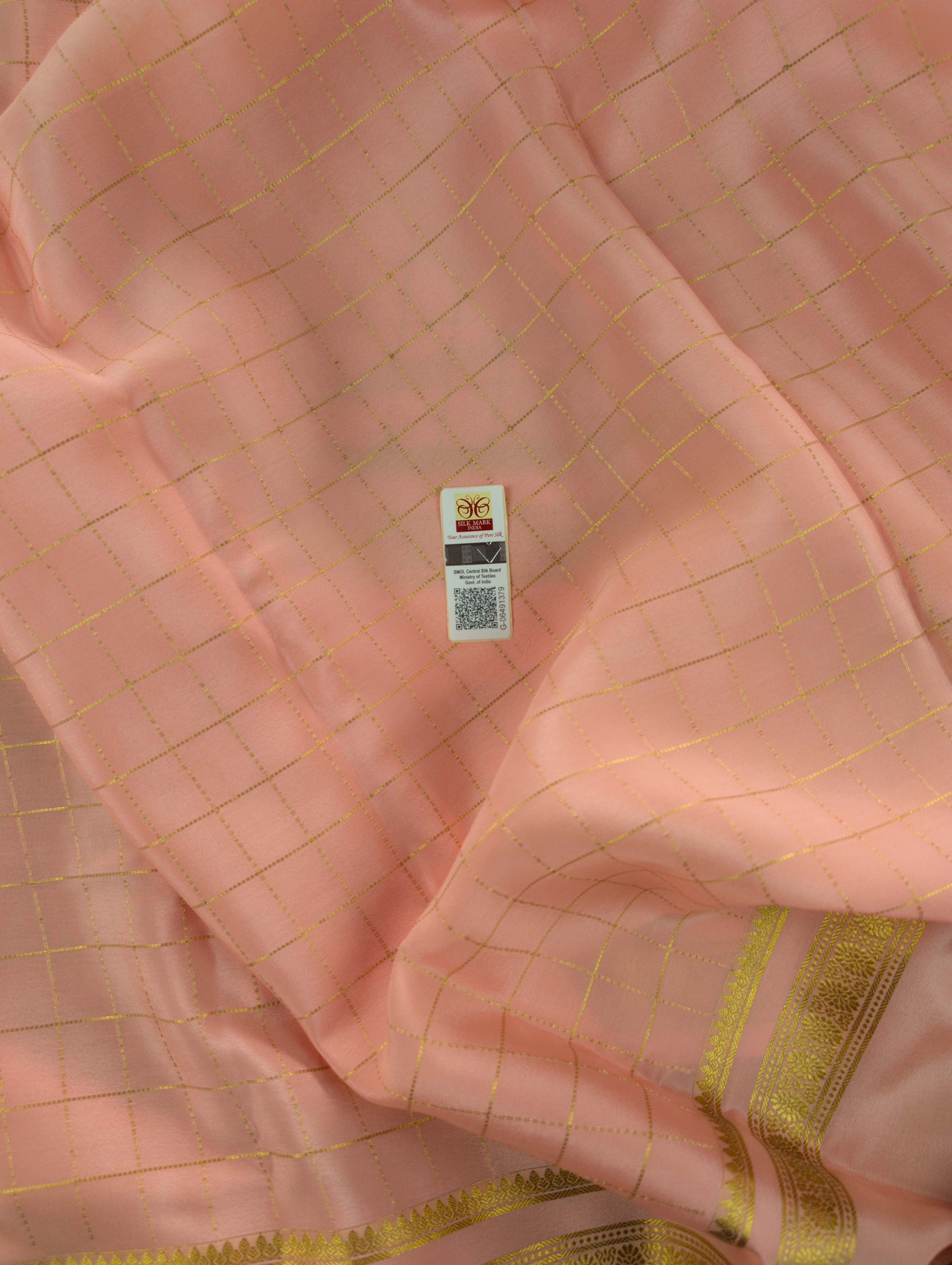 Pure Mysore Silk Crepe - Peach with zari checks and gap border