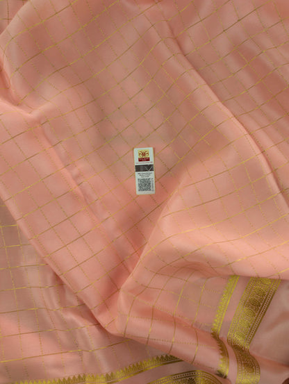 Pure Mysore Silk Crepe - Peach with zari checks and gap border