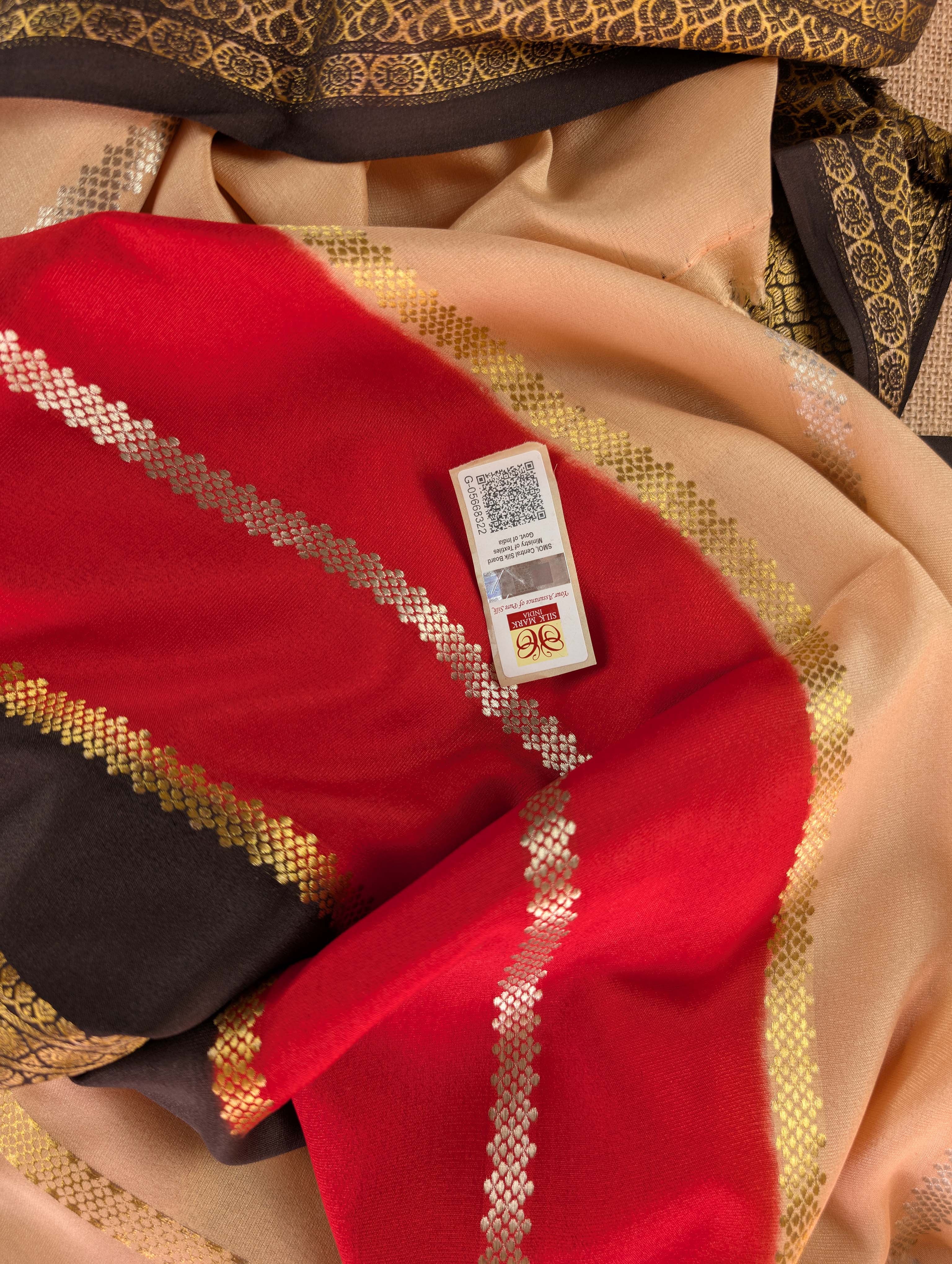 Pure Mysore Silk Crepe - Light Brown with Red &amp; Black 3D Pattern