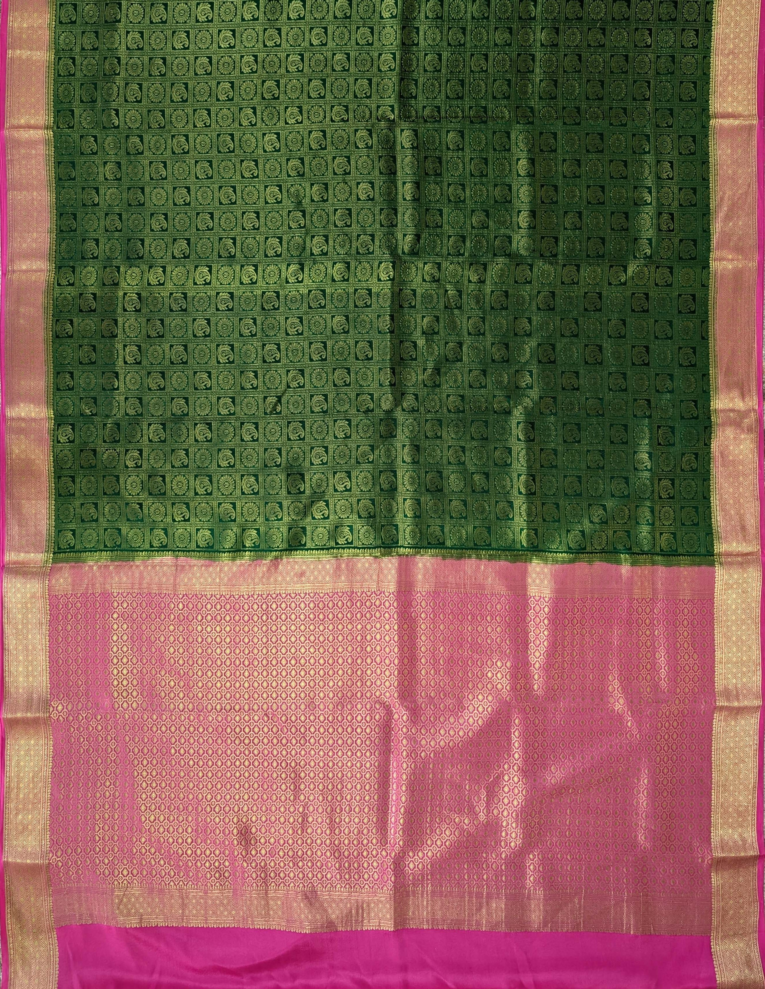 Pure Mysore Silk Crepe Brocade - Green &amp; Pink