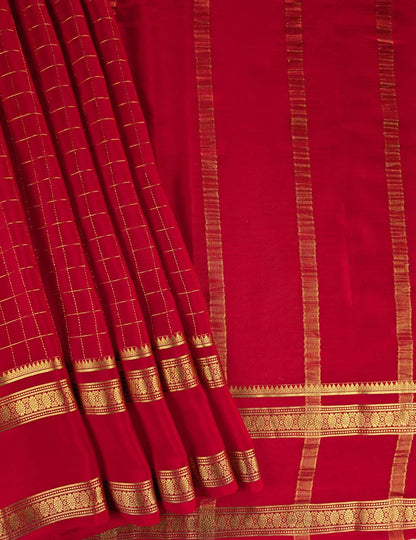 Pure Mysore Silk Crepe - Red with zari checks and gap border