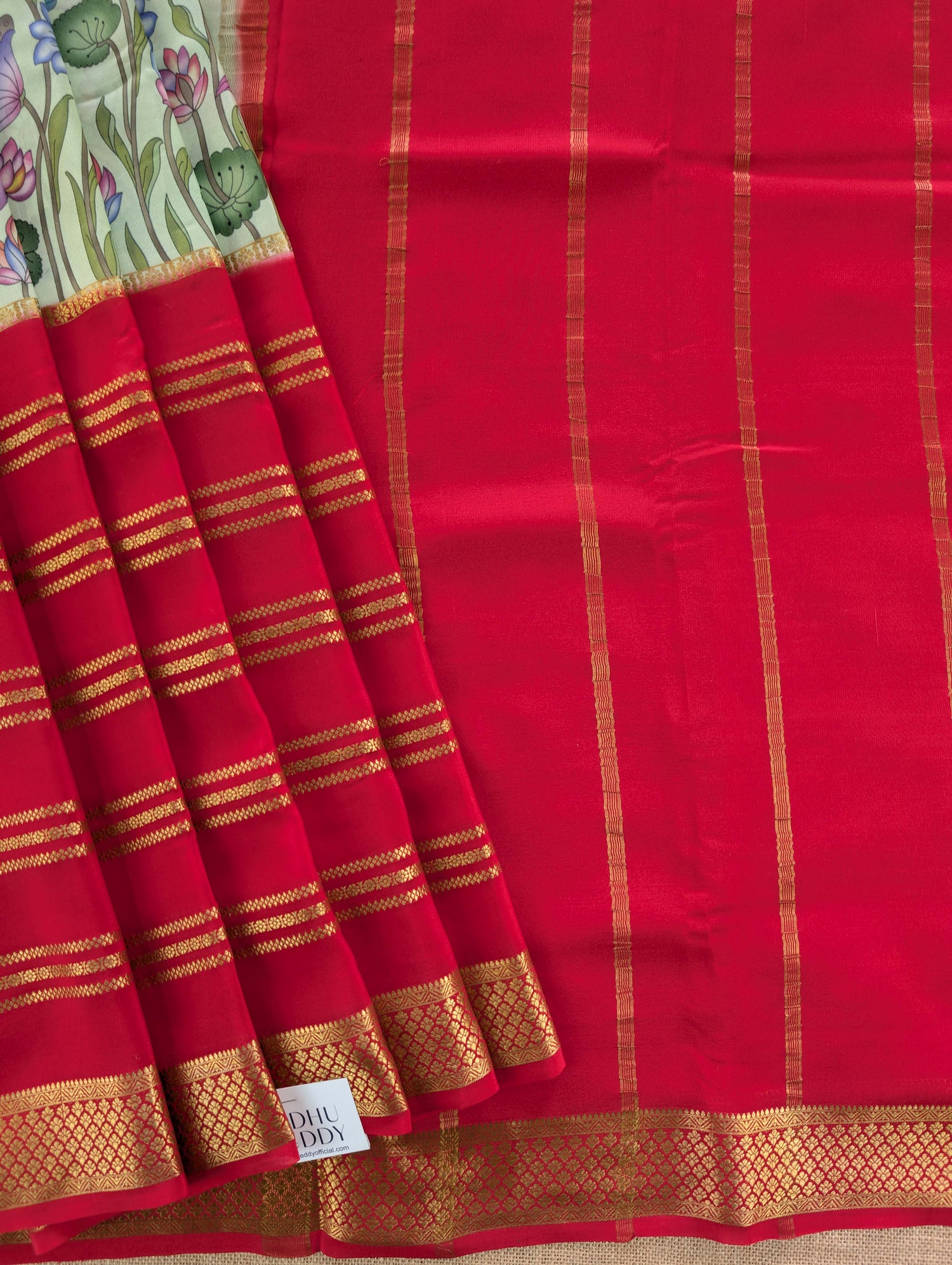 Pure Mysore Silk Crepe -  Red with Summer Green Printed Base