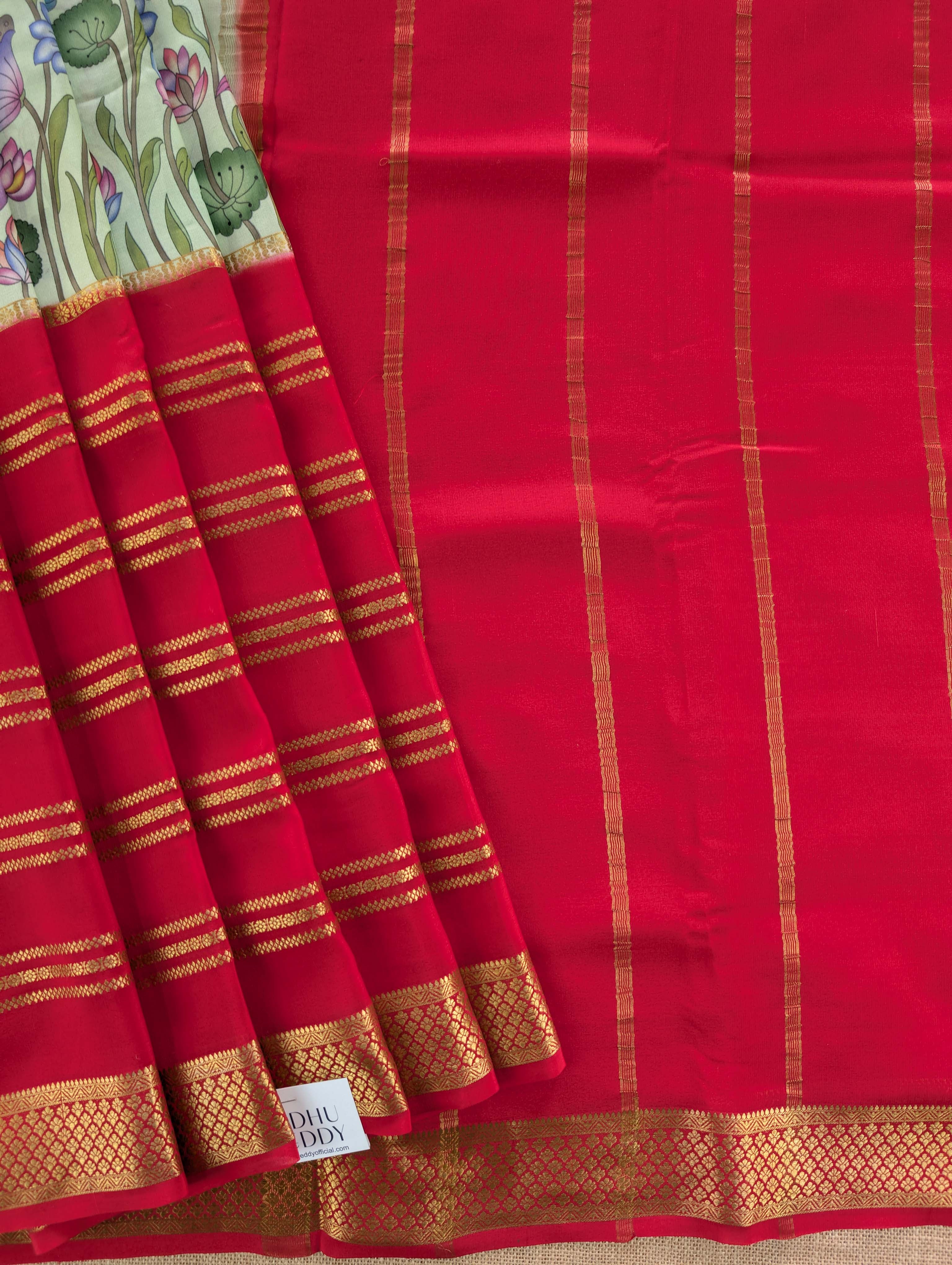 Pure Mysore Silk Crepe -  Red with Summer Green Printed Base