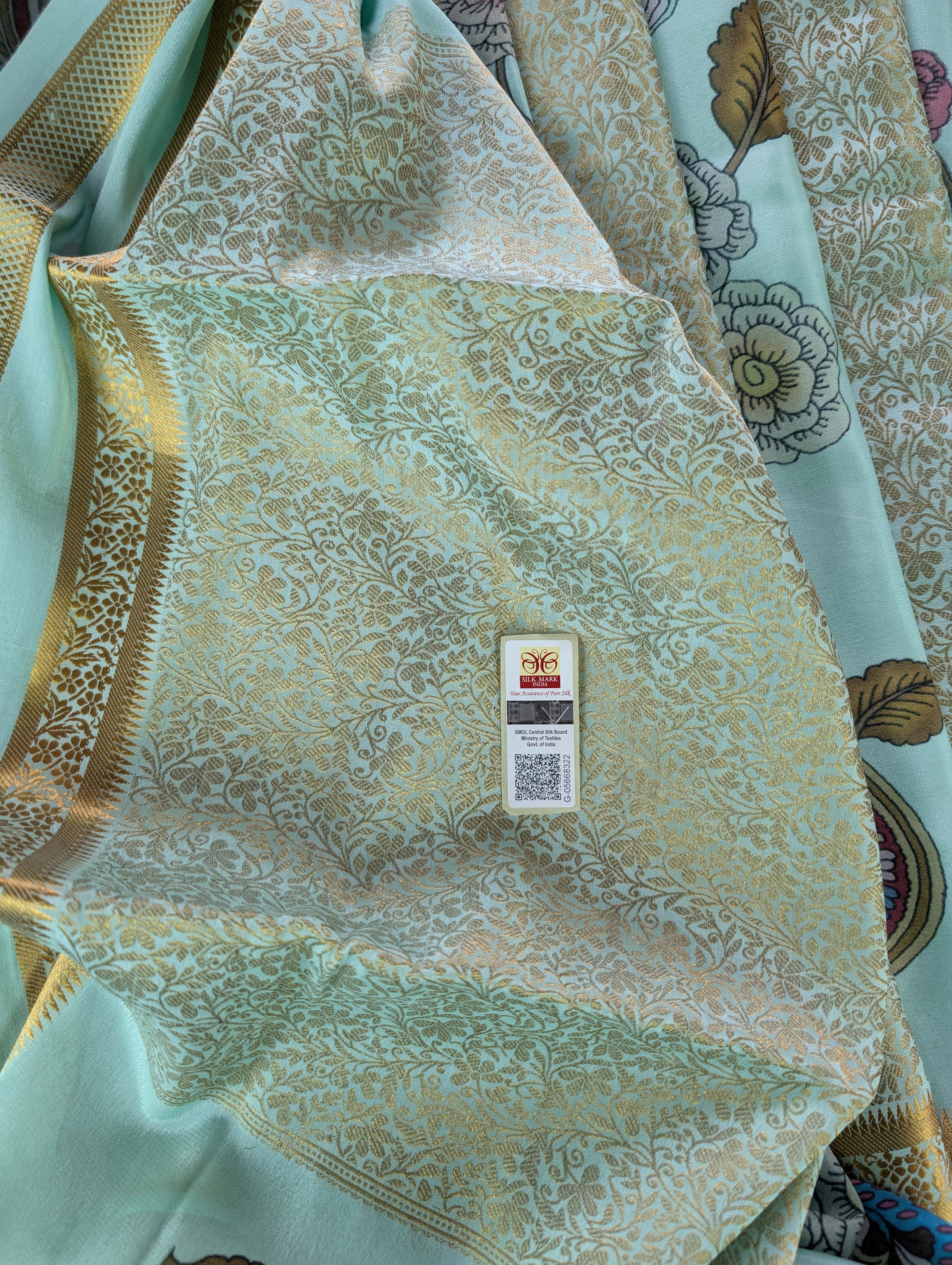 Pure Mysore Silk Crepe -  Summer Green with Placement Design