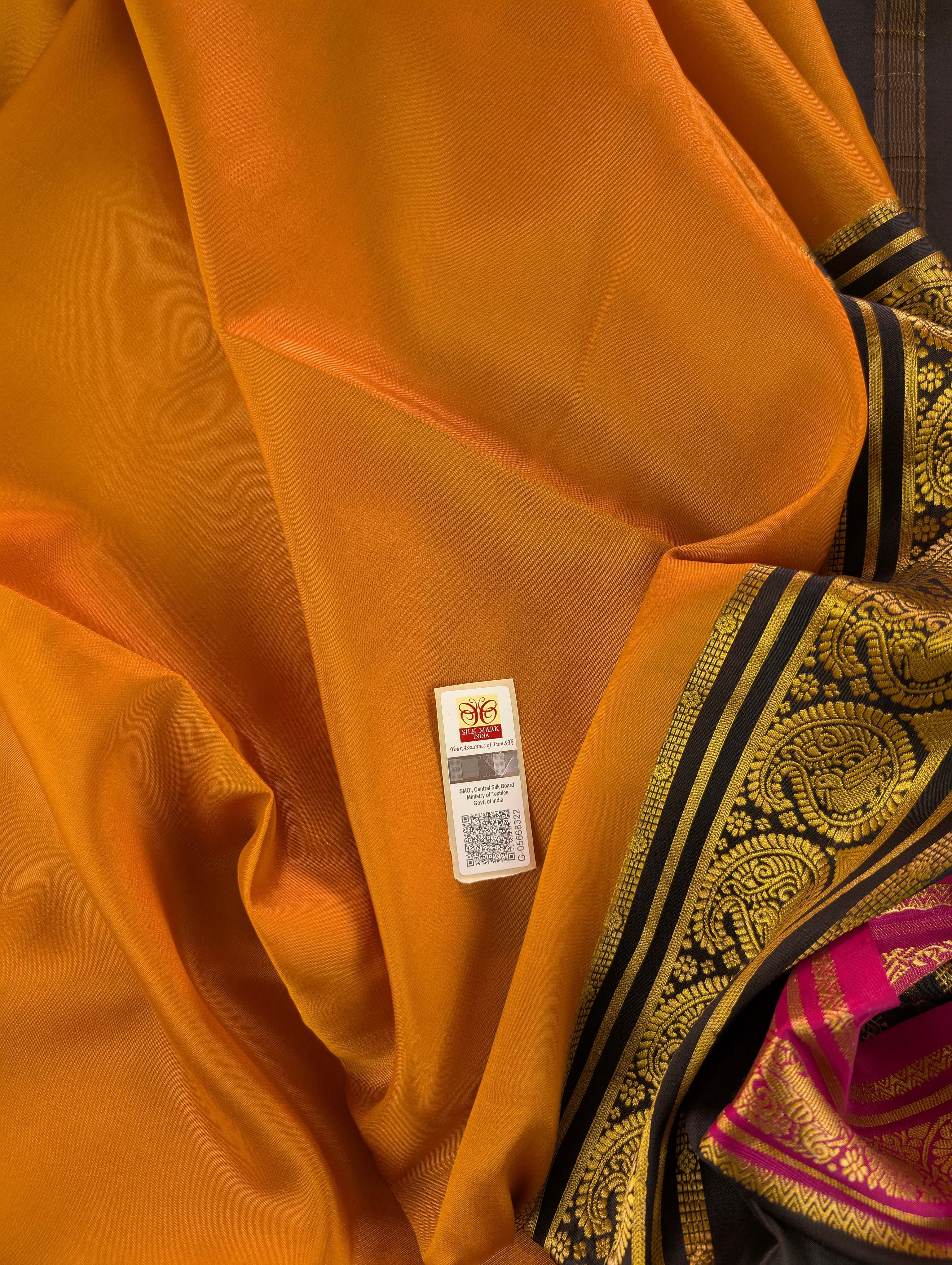 Pure Mysore Silk Crepe - Brownish Orange with Black &amp; Pink 3D Pattern