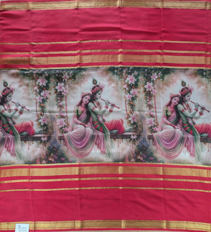 Pure Mysore Silk Crepe -  Bright Maroon with Printed Base