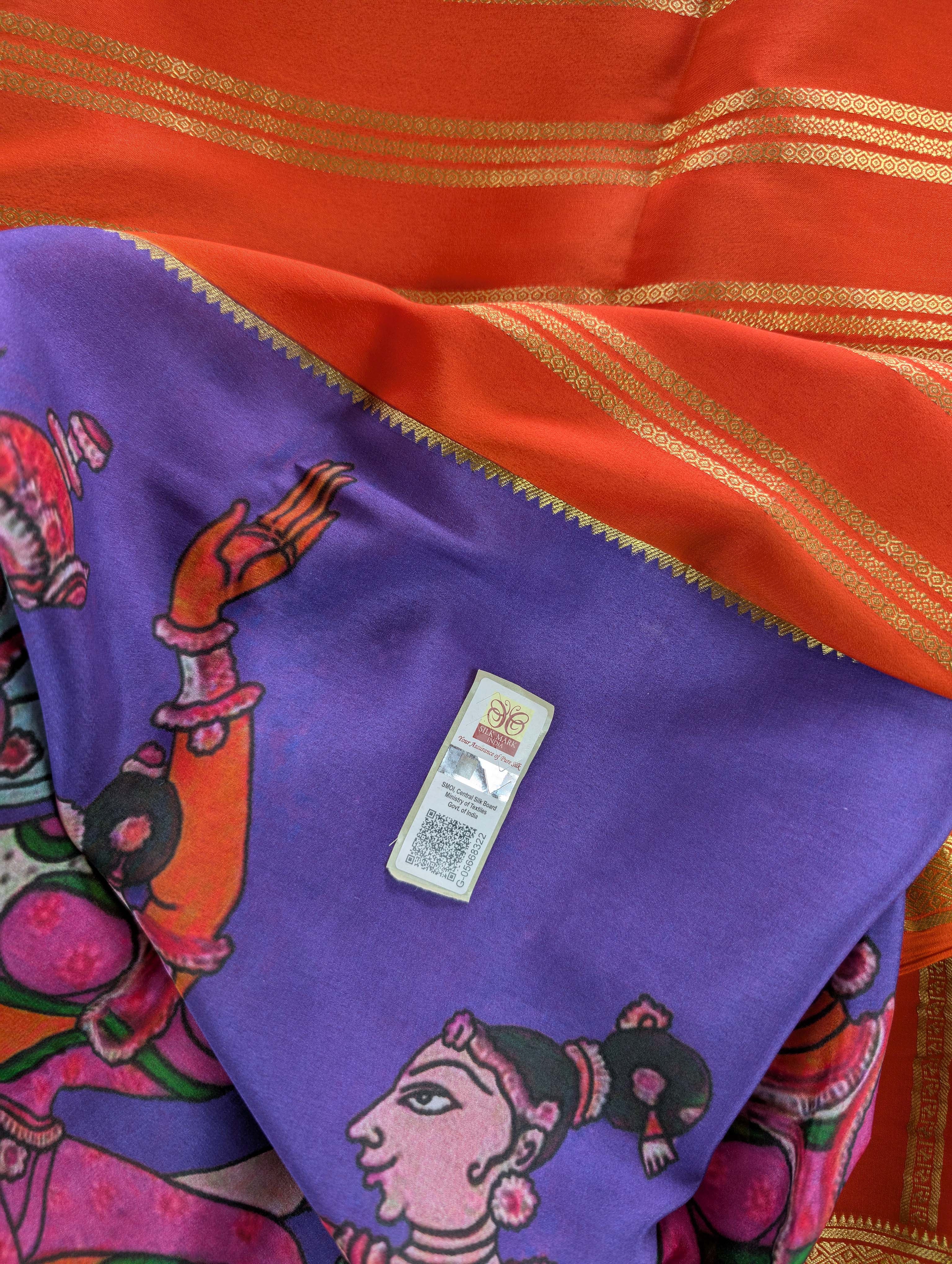 Pure Mysore Silk Crepe -  Brick Orange with Printed Half Border