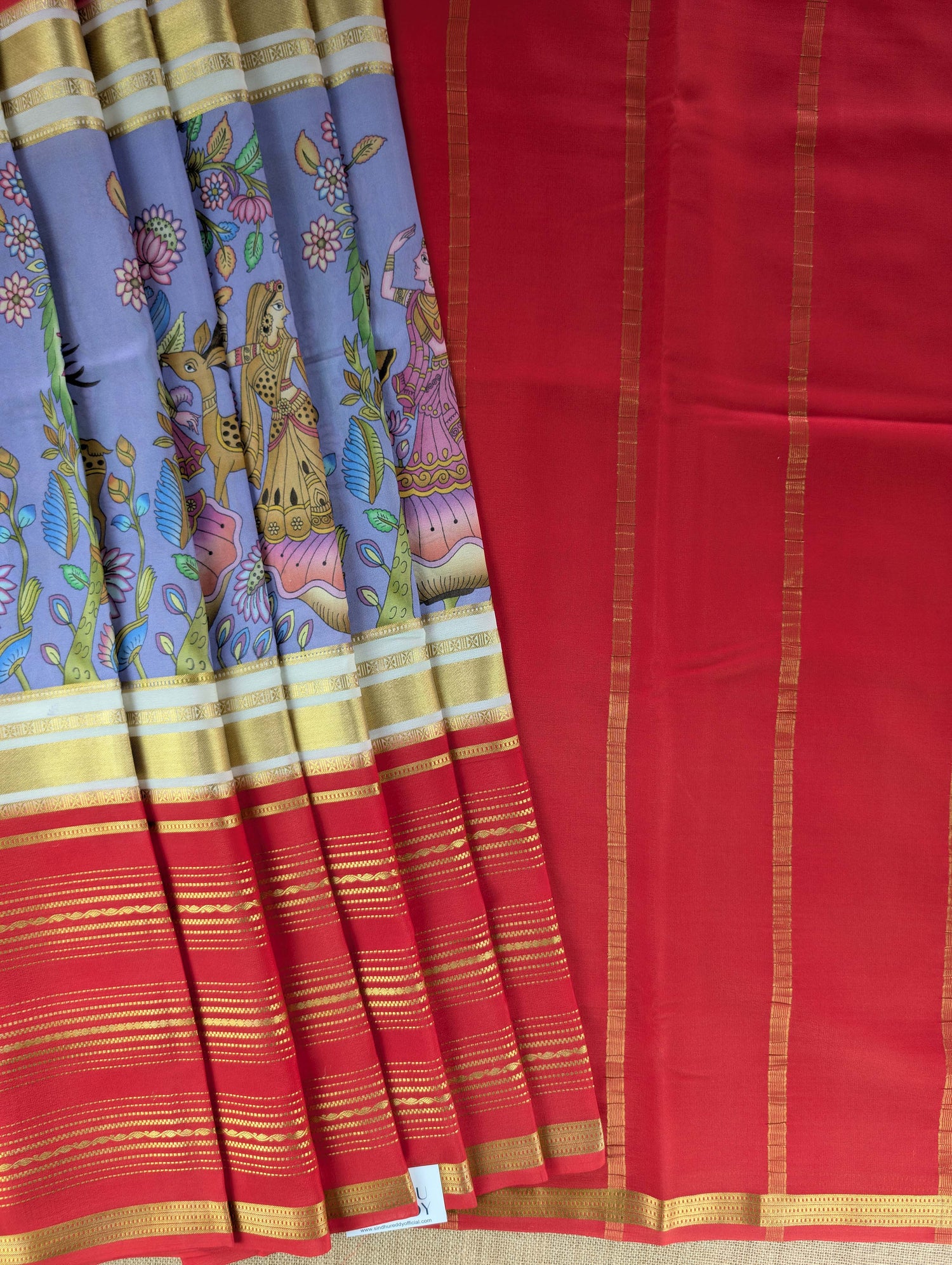 Pure Mysore Silk Crepe -  Red with Lavender Printed Base