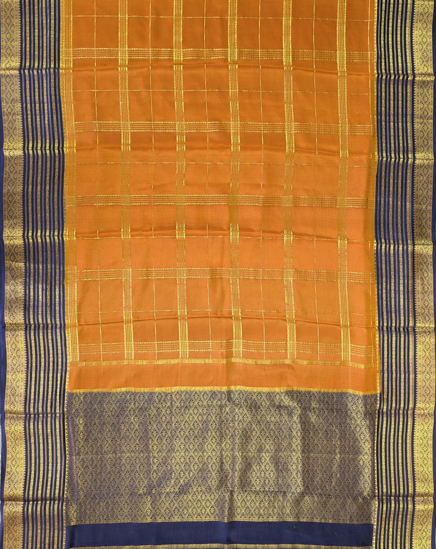 Pure Mysore Silk Crepe - Yellowish Orange with Blue