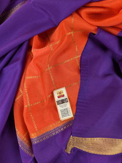 Pure Mysore Silk Crepe - Orange with Purple