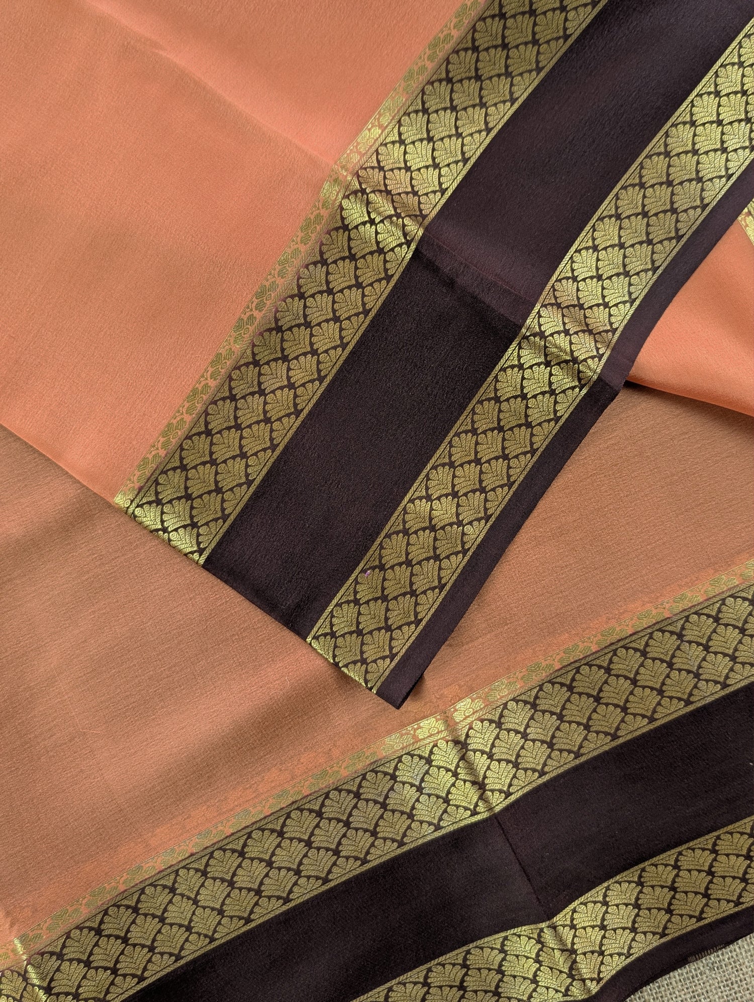 Pure Mysore Silk Crepe - Peach with Coffee Brown