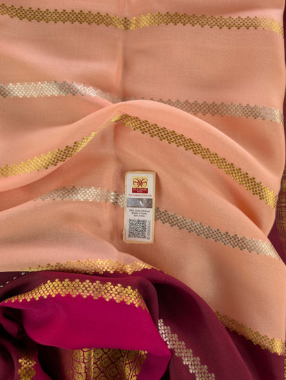 Pure Mysore Silk Crepe - Peach with Wine &amp; Pink 3D Pattern