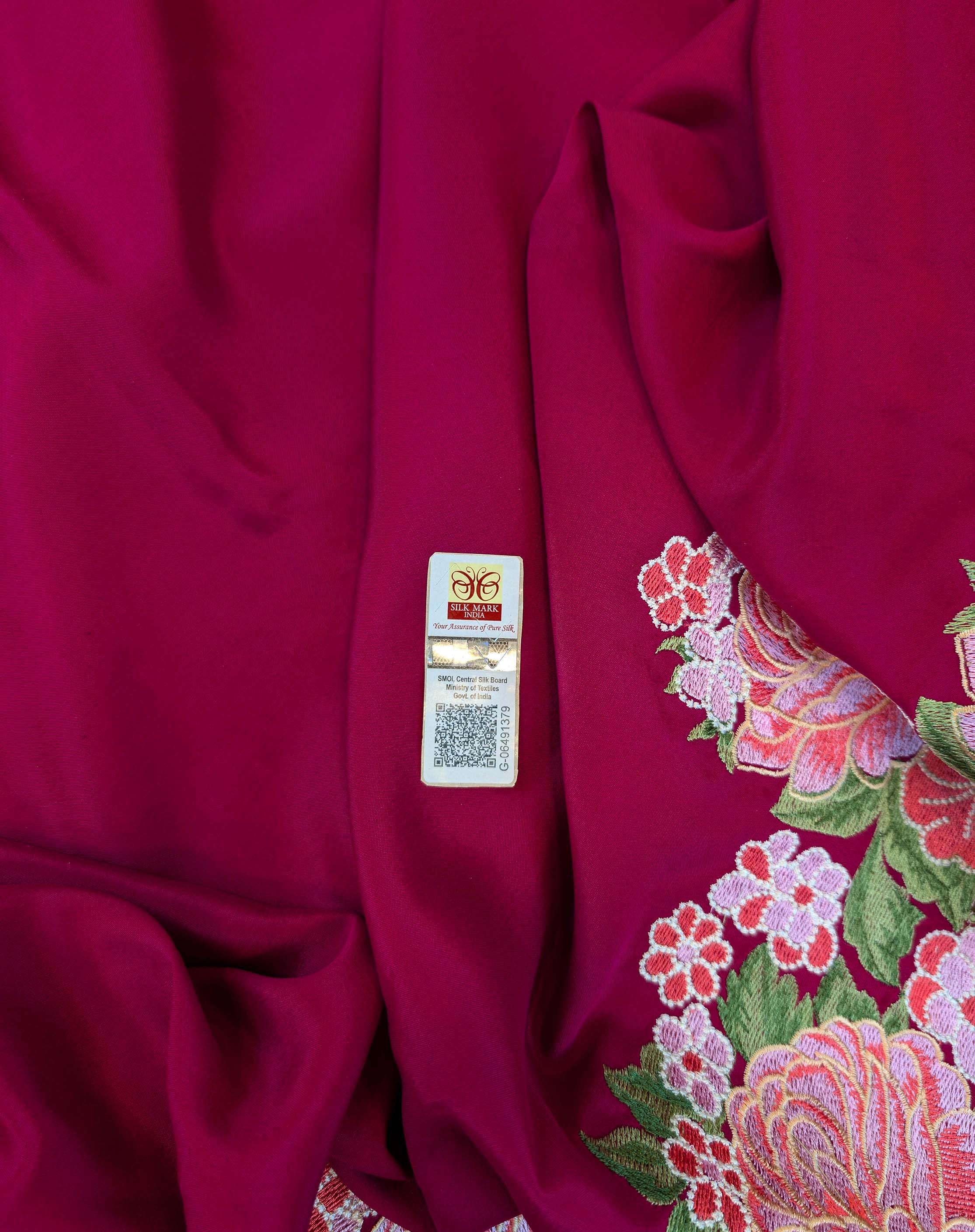 Pure Mysore Silk Crepe - Dark Pink Floral Embroidery with Cut Work