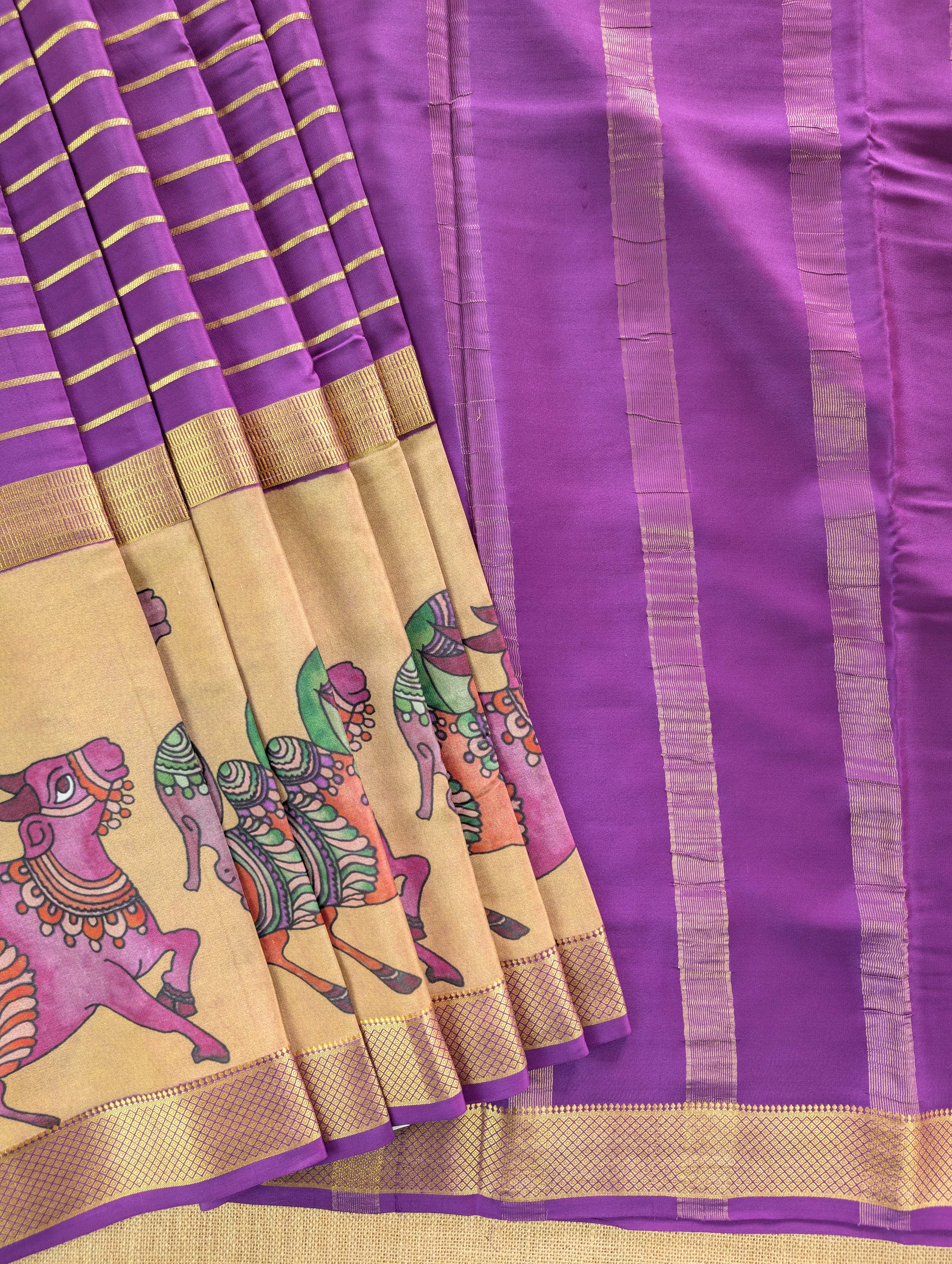 Pure Mysore Silk Crepe -  Purple with Printed Half Border