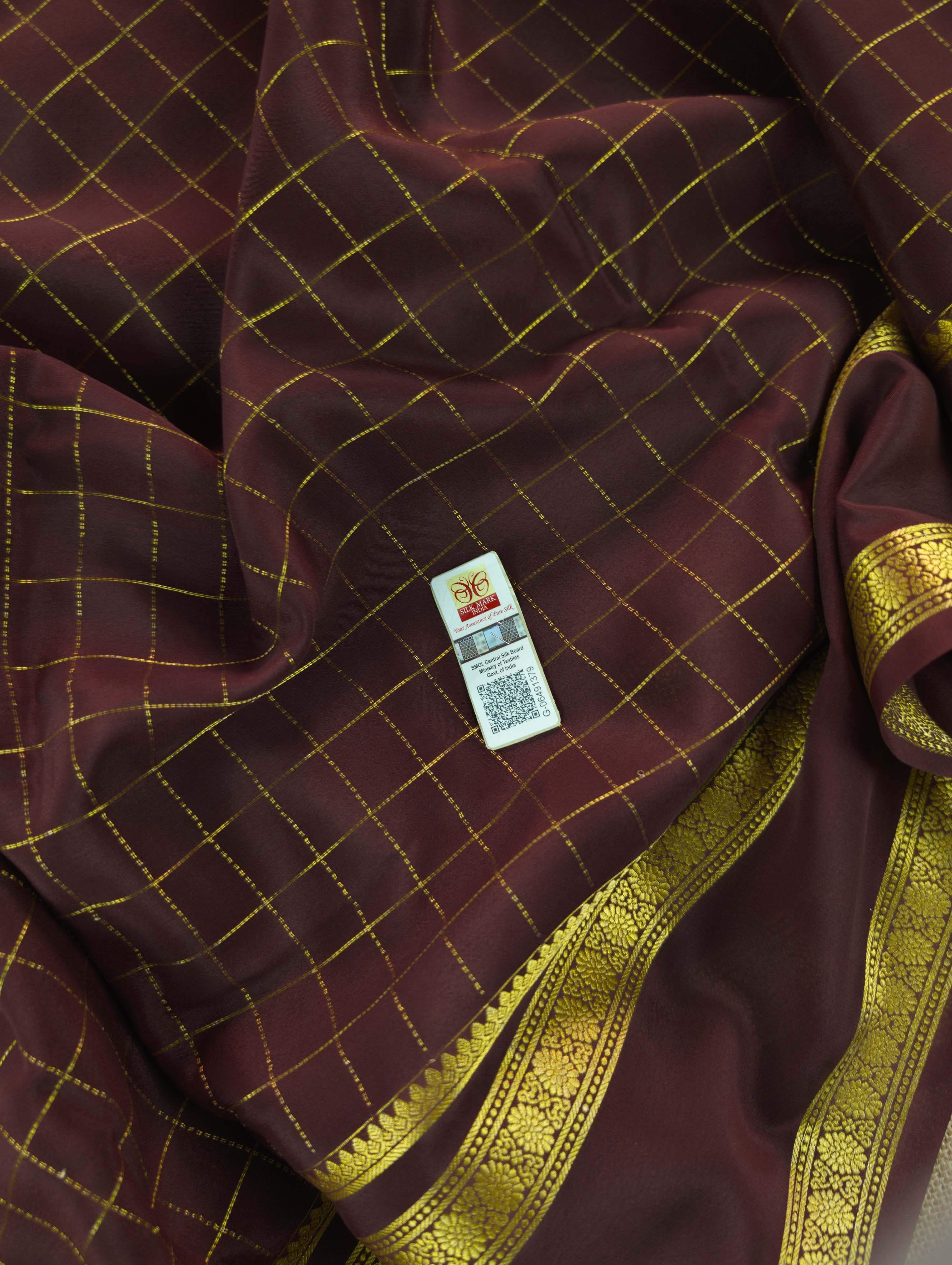 Pure Mysore Silk Crepe - Chocolate Brown with zari checks and gap border