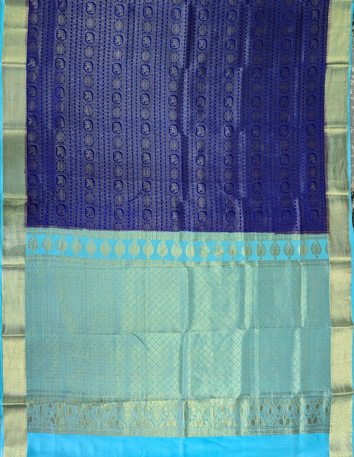 Pure Mysore Silk Crepe Brocade - Blue &amp; Turquoise Blue