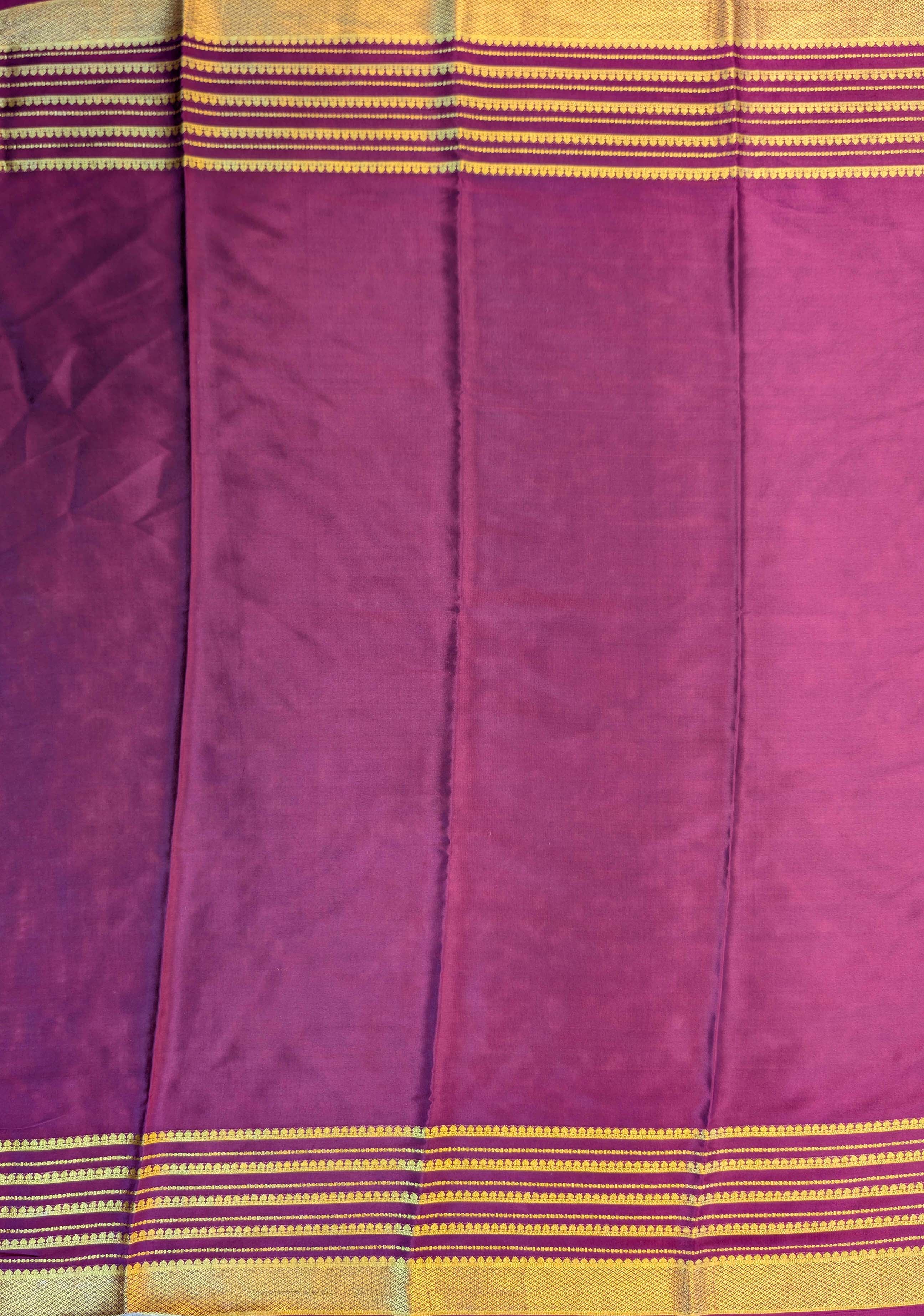 Pure Mysore Silk Crepe - Parrot Green with Chocolate Brown &amp; Pink