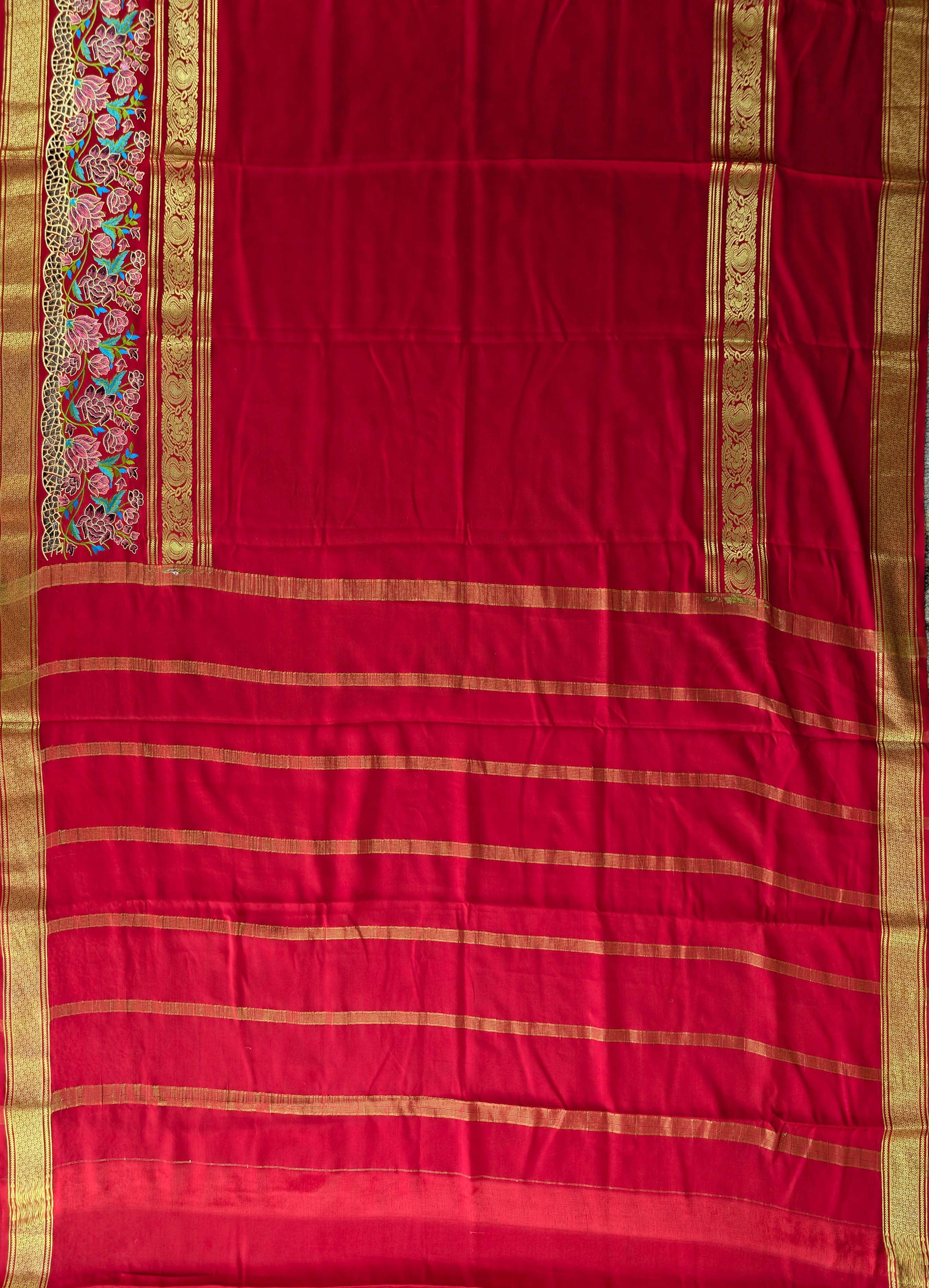 Pure Mysore Silk Crepe - Red Floral Embroidery with Cut Work