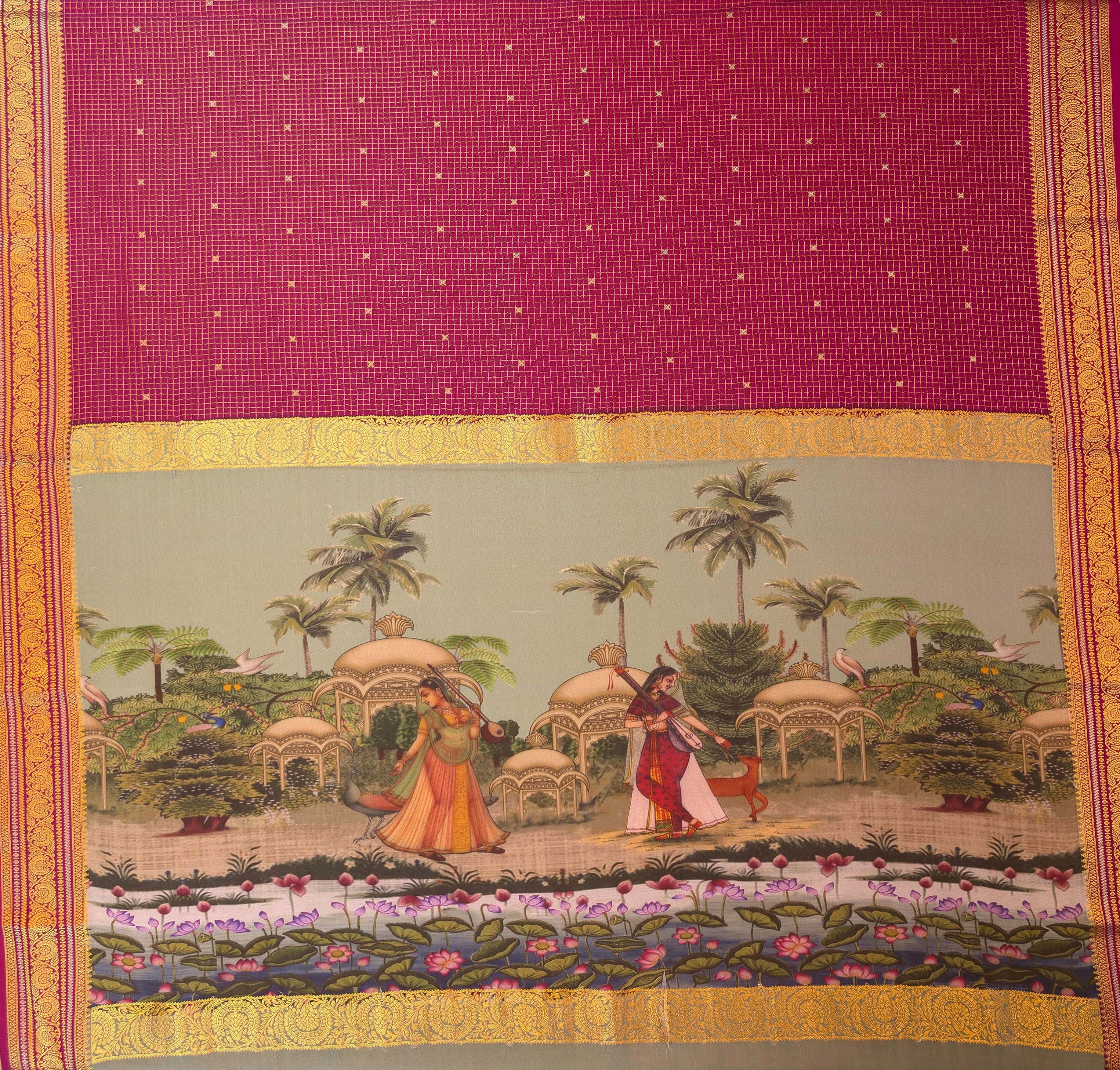 Pure Mysore Silk Crepe - Maroon with Printed Pallu