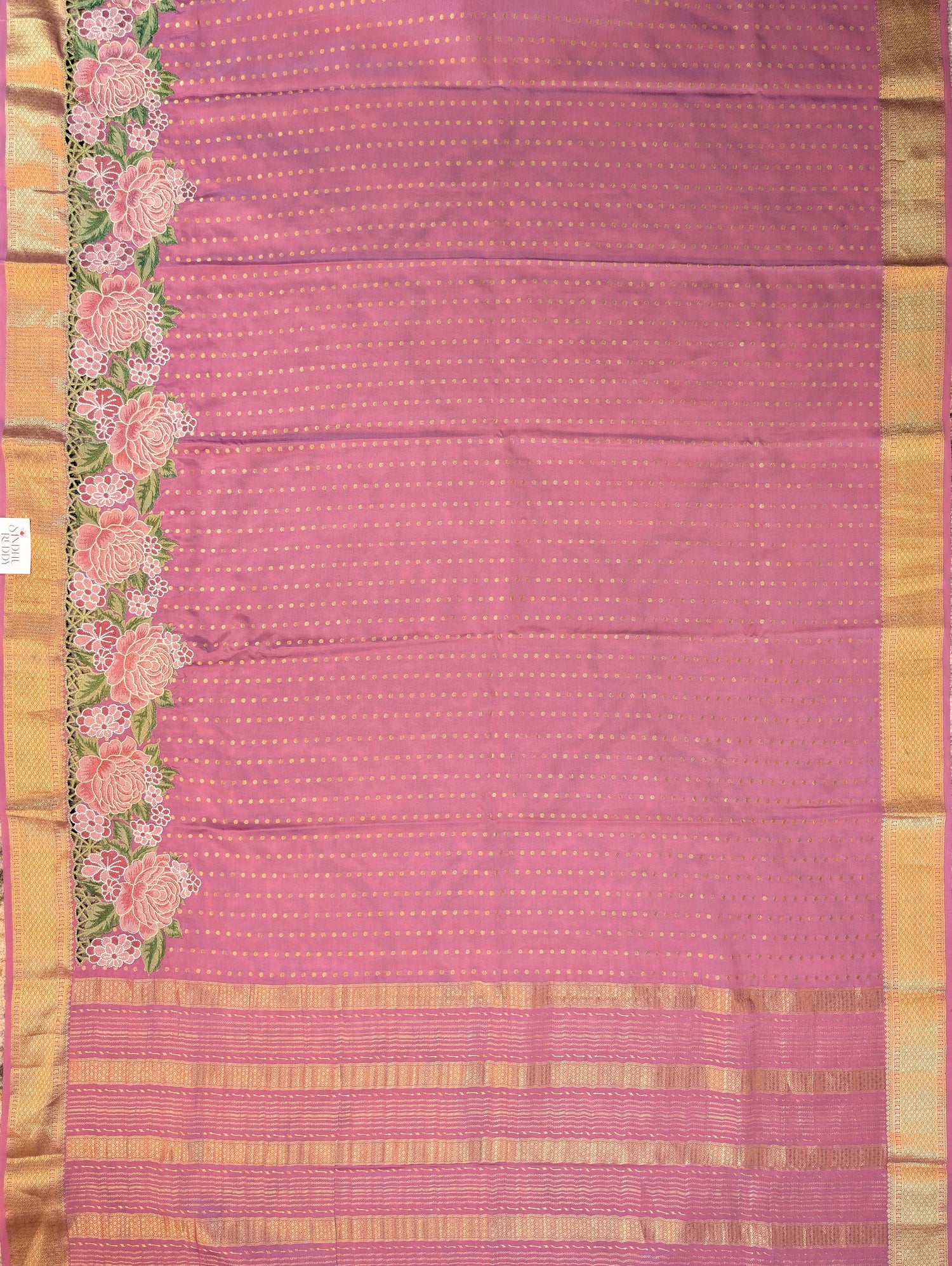 Pure Mysore Silk Crepe - Peach Hand Embroidery with Cut Work