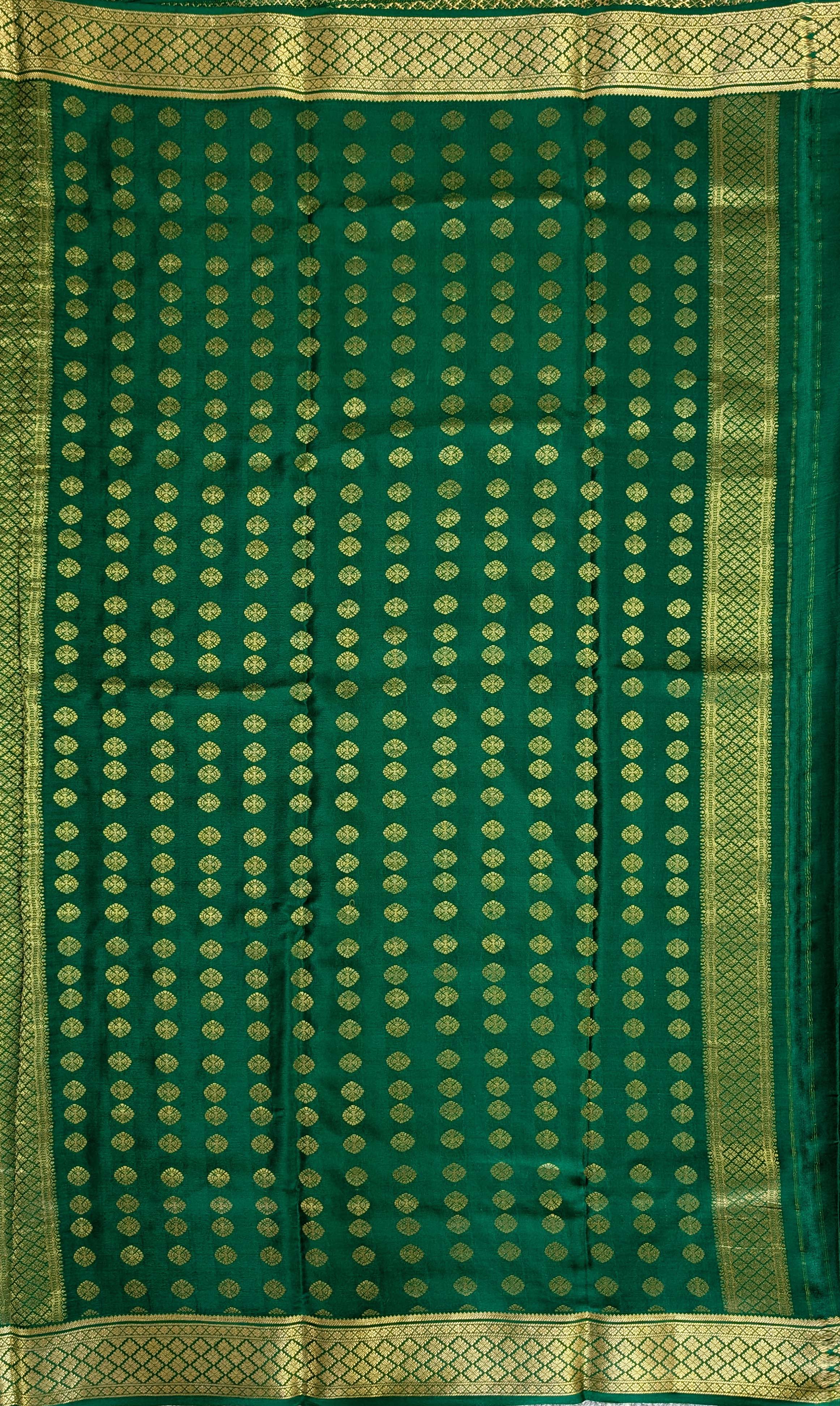 Pure Mysore Silk Crepe - Green with zari checks and border