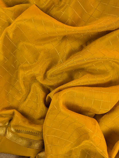 Pure Mysore Silk Crepe - Mustard with zari checks and gap border