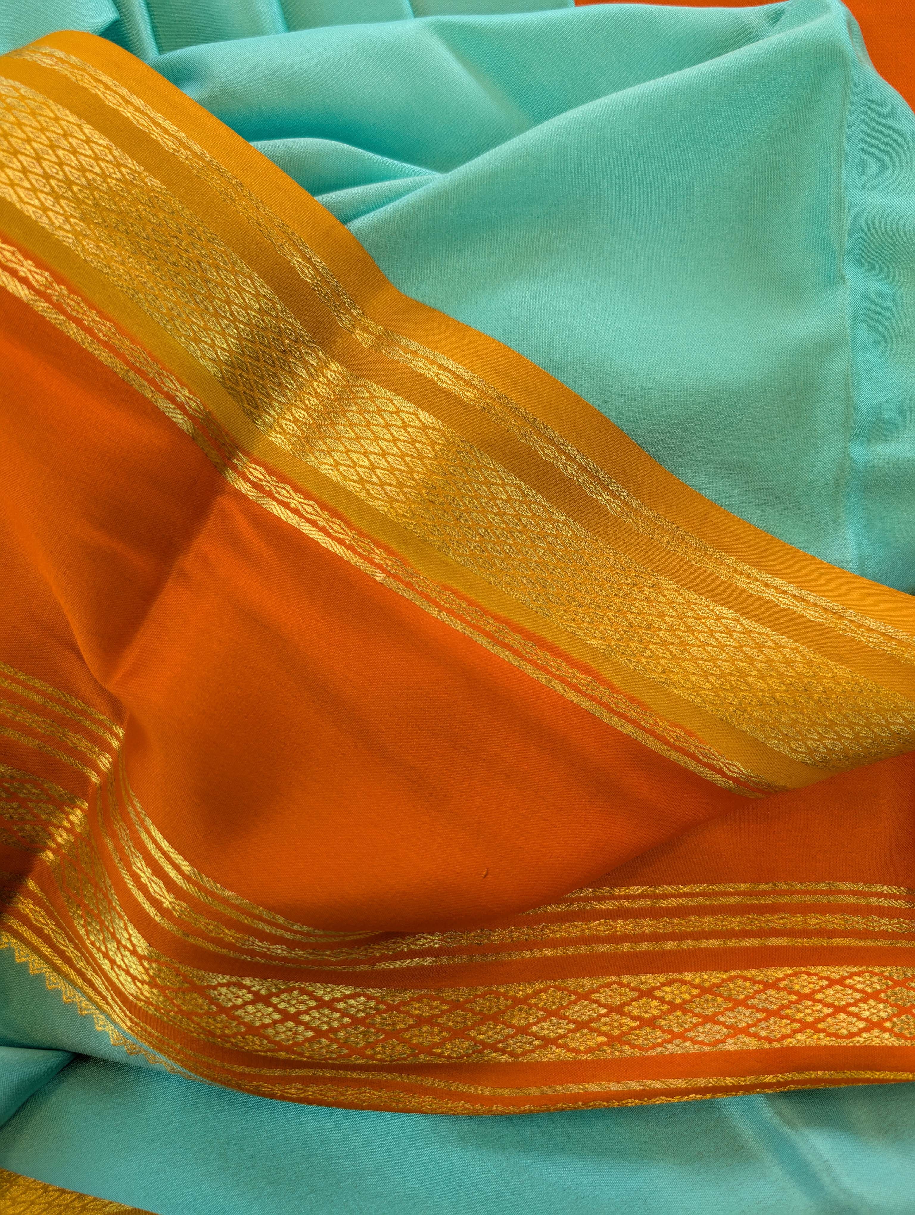 Pure Mysore Silk Crepe - Sea Blue with Orange