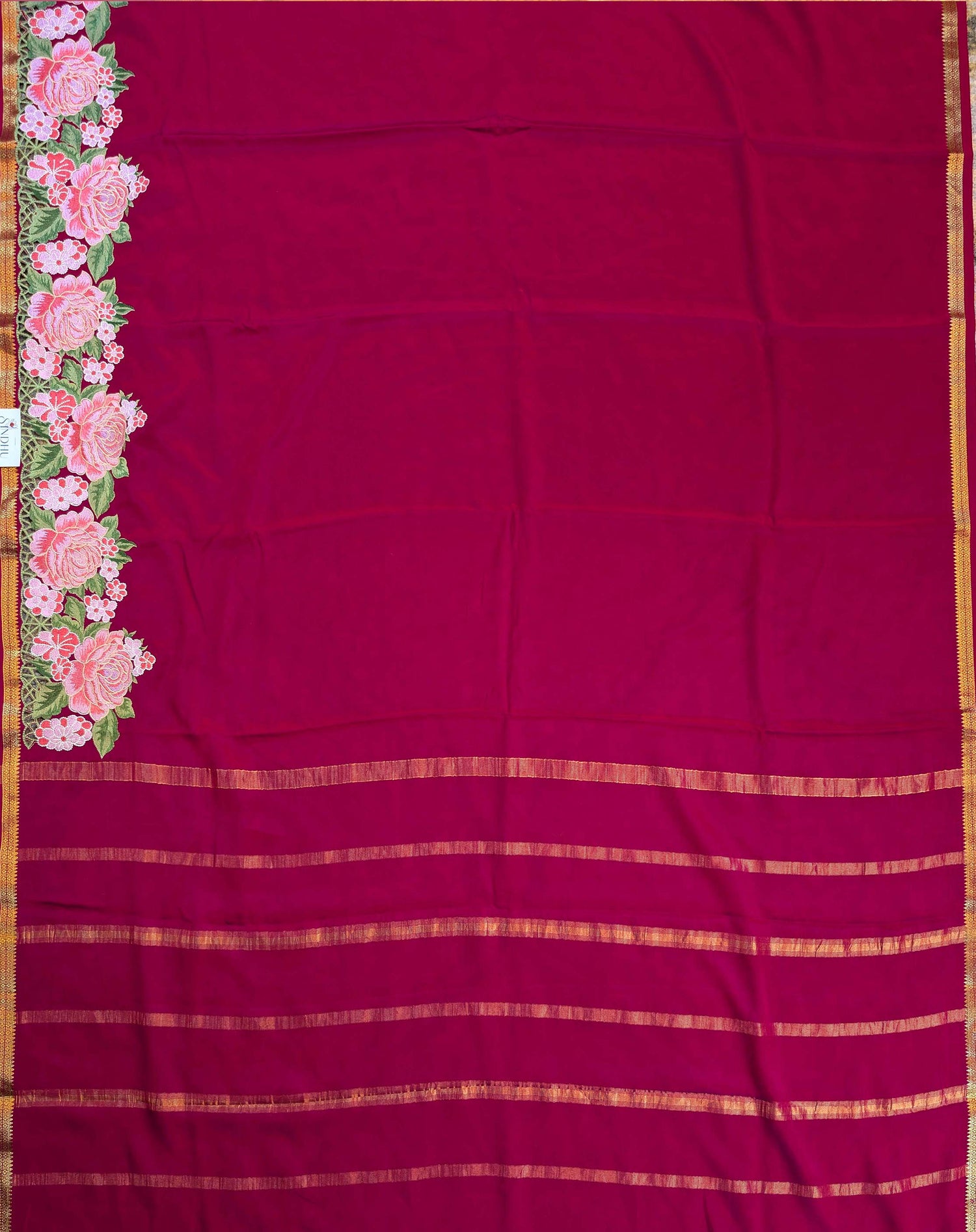 Pure Mysore Silk Crepe - Dark Pink Floral Embroidery with Cut Work