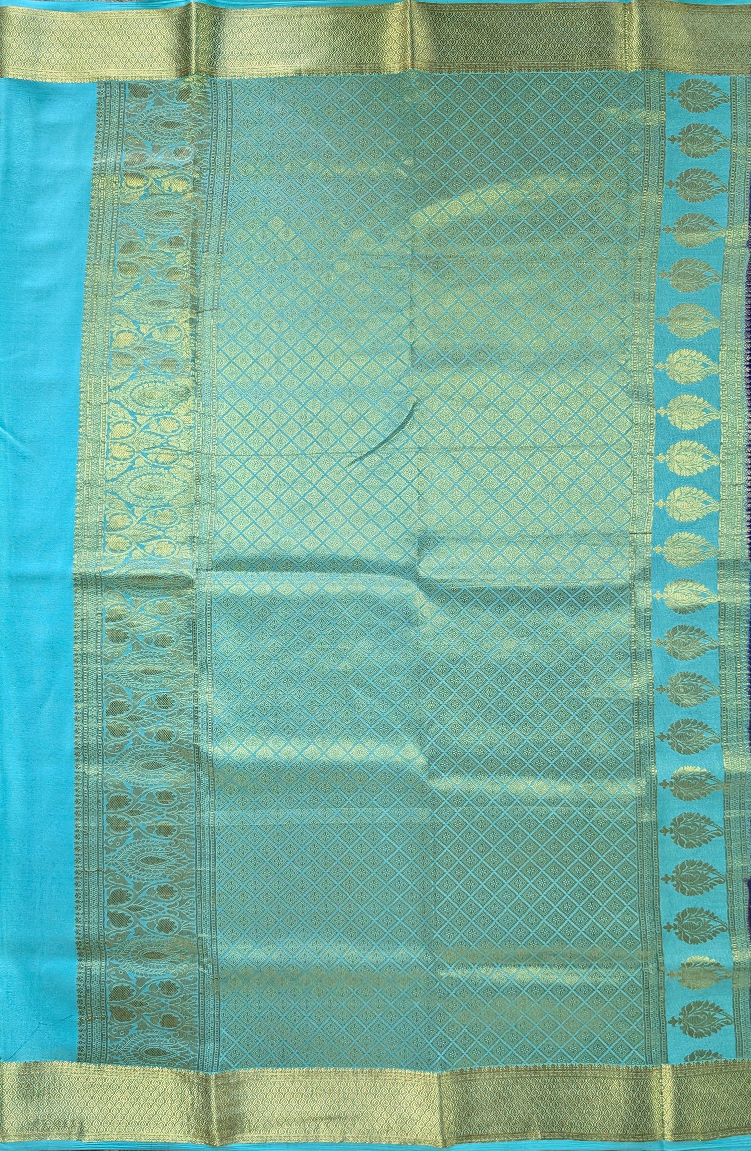 Pure Mysore Silk Crepe Brocade - Blue &amp; Turquoise Blue