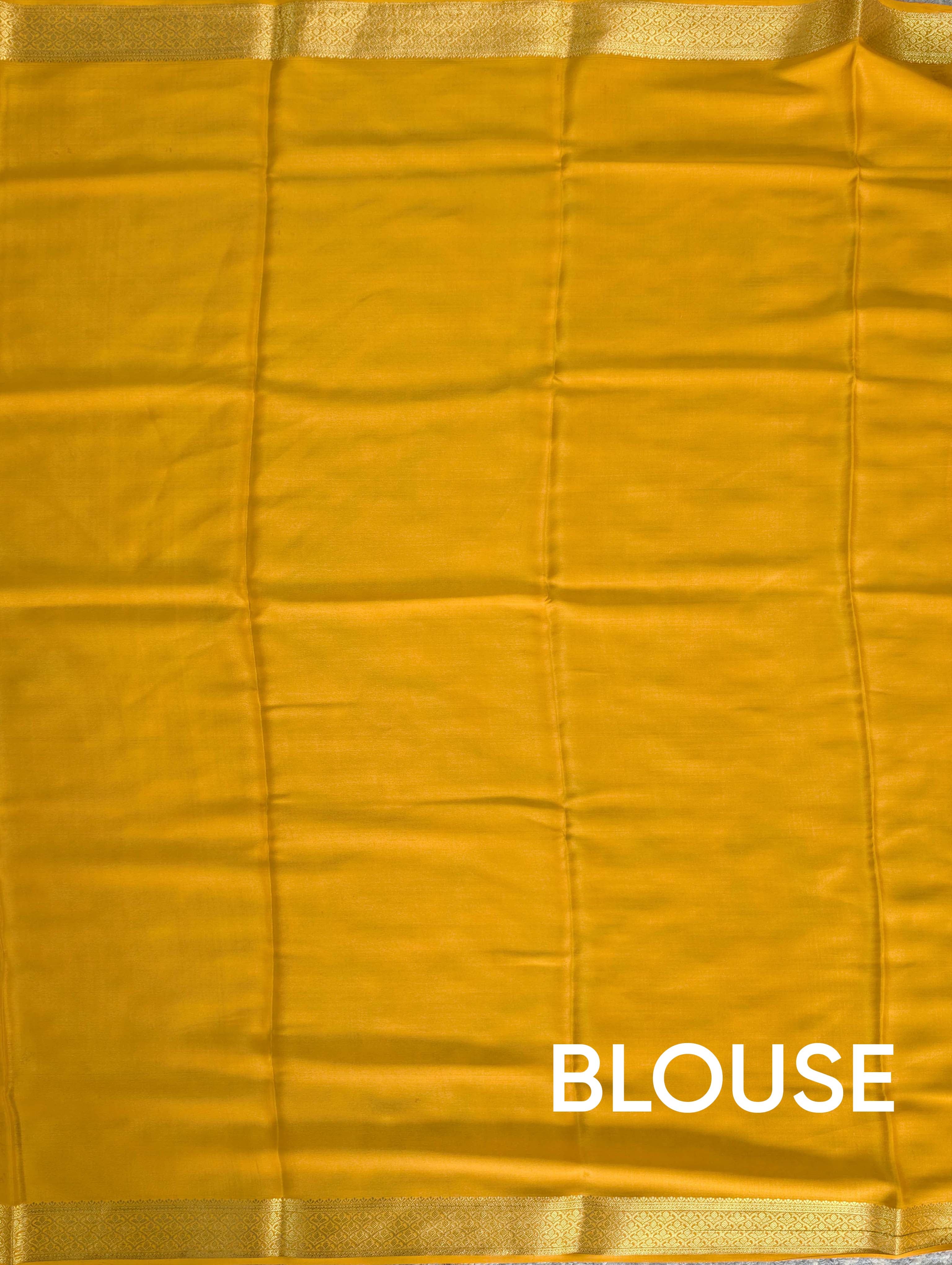 Pure Mysore Silk Crepe - Charcoal Grey and Mustard Yellow with Printed Pallu &amp; Border